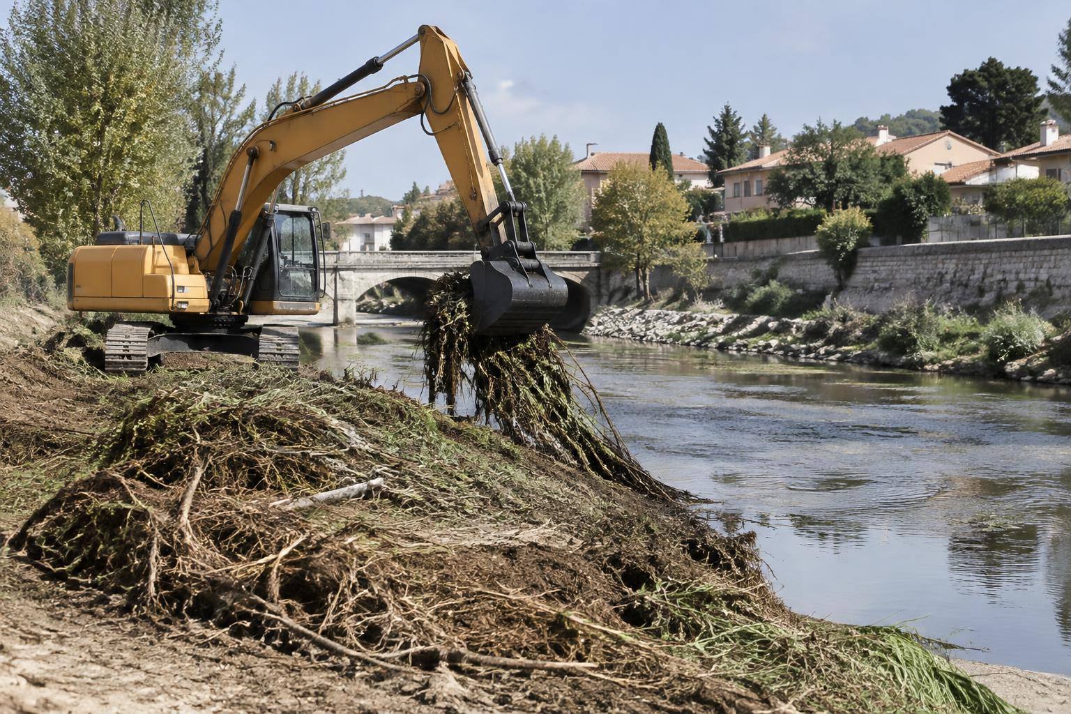 Imagen ilustrativa: Maquinaria de movimiento de tierras junto a un cauce fluvial, con restos vegetales retirados en la ribera y sin personas reconocibles.