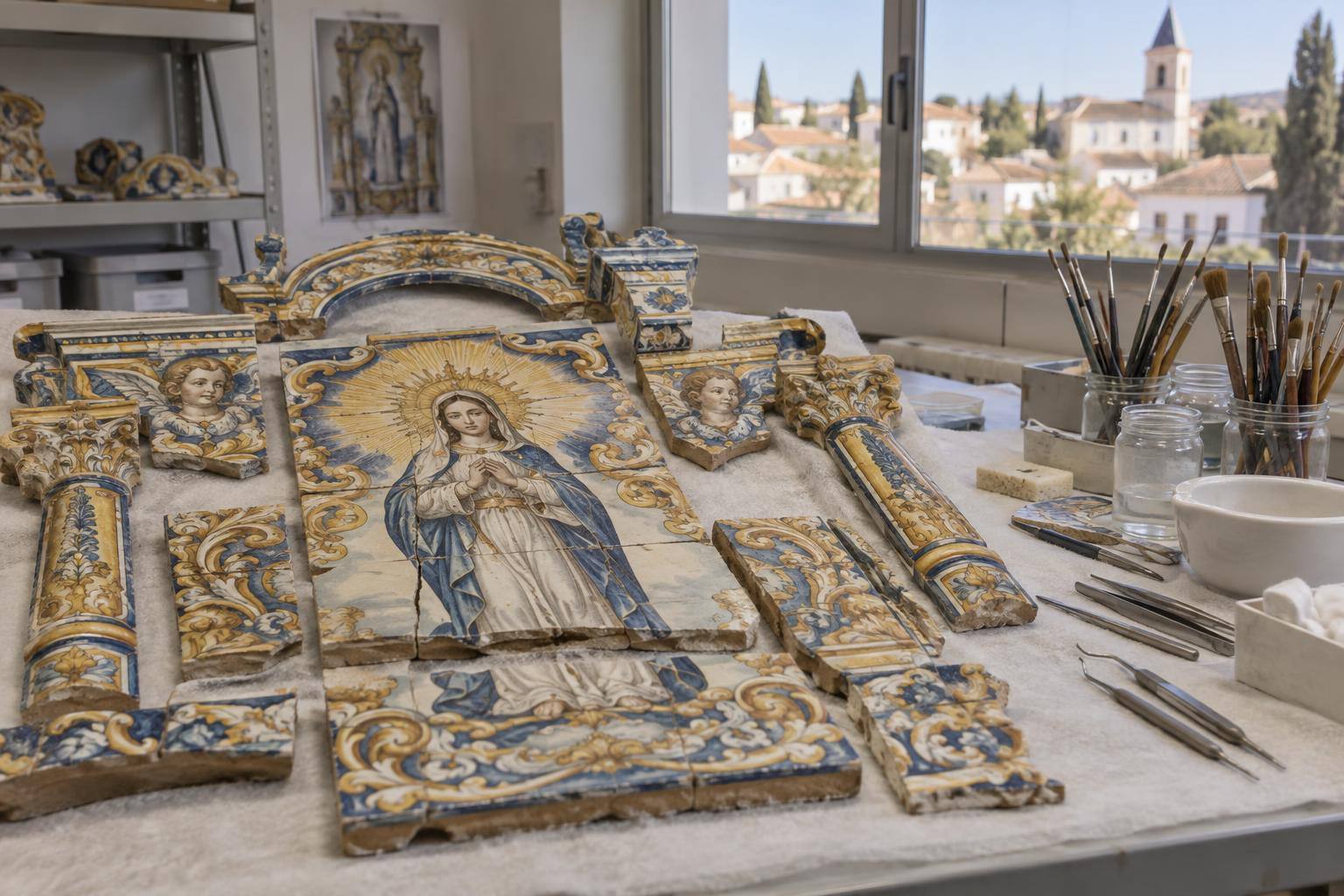 Imagen ilustrativa: Piezas de un retablo cerámico religioso sobre una mesa de restauración, junto a pinceles y herramientas, sin personas.