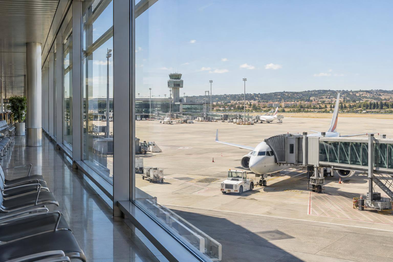 Imagen ilustrativa: Vista genérica de una terminal aeroportuaria y su plataforma de estacionamiento de aviones, sin personas reconocibles.