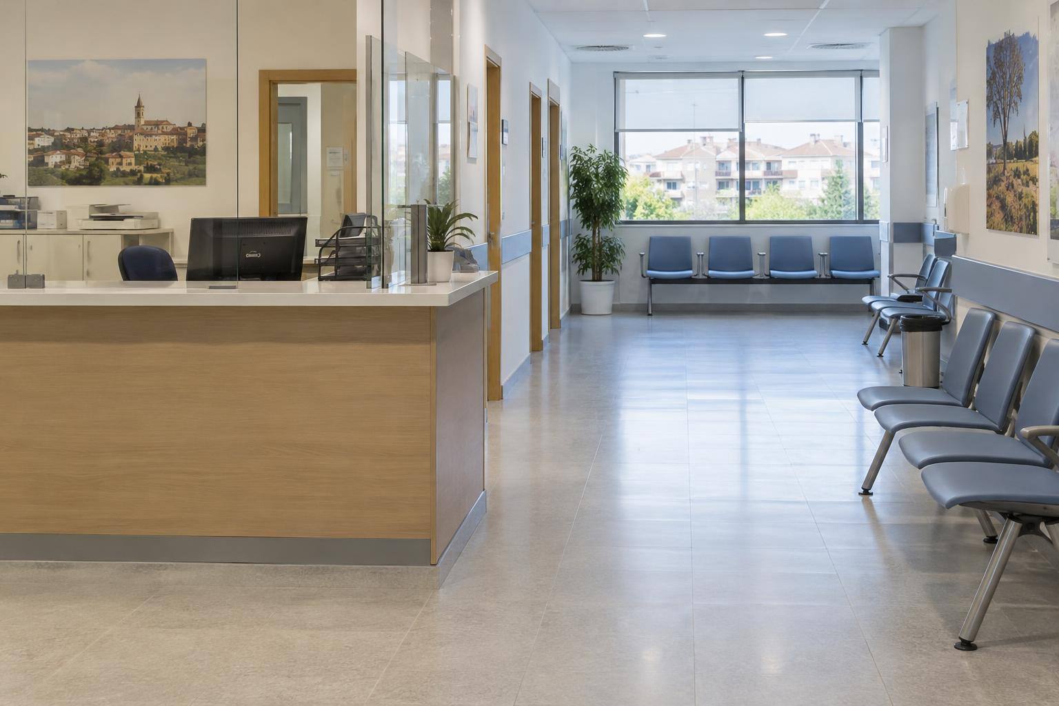 Imagen ilustrativa: zona de recepción y sala de espera de un centro de salud, sin personas reconocibles