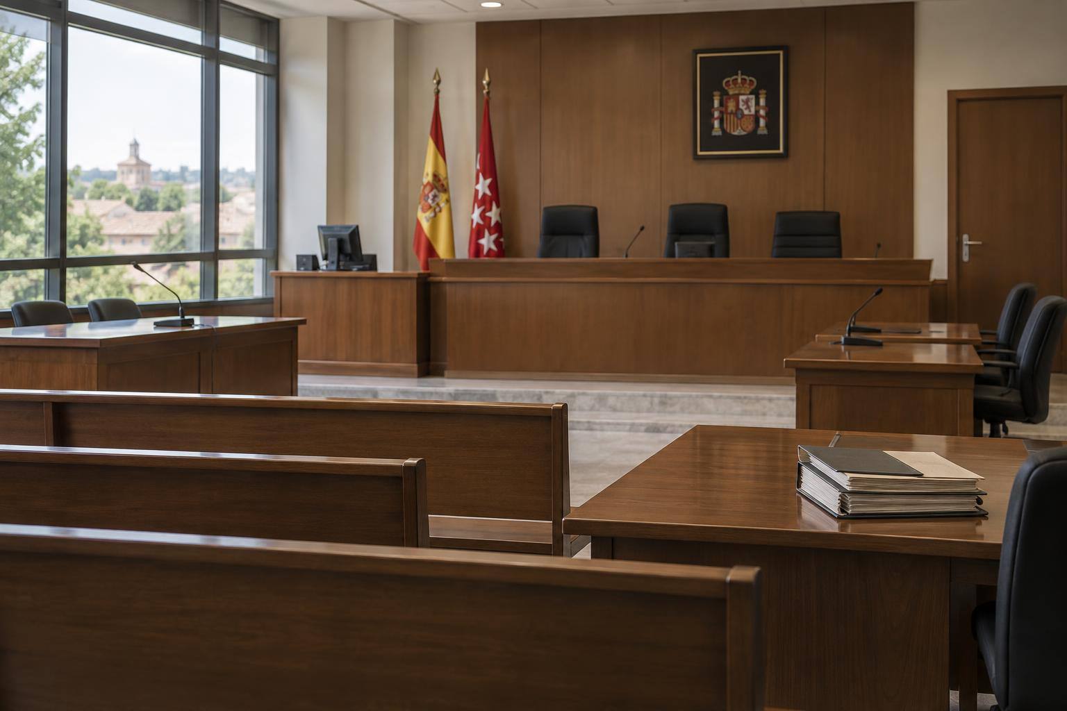 Imagen ilustrativa: Interior de una sala de vistas vacía, con estrado, bancos de madera y expedientes cerrados sobre una mesa