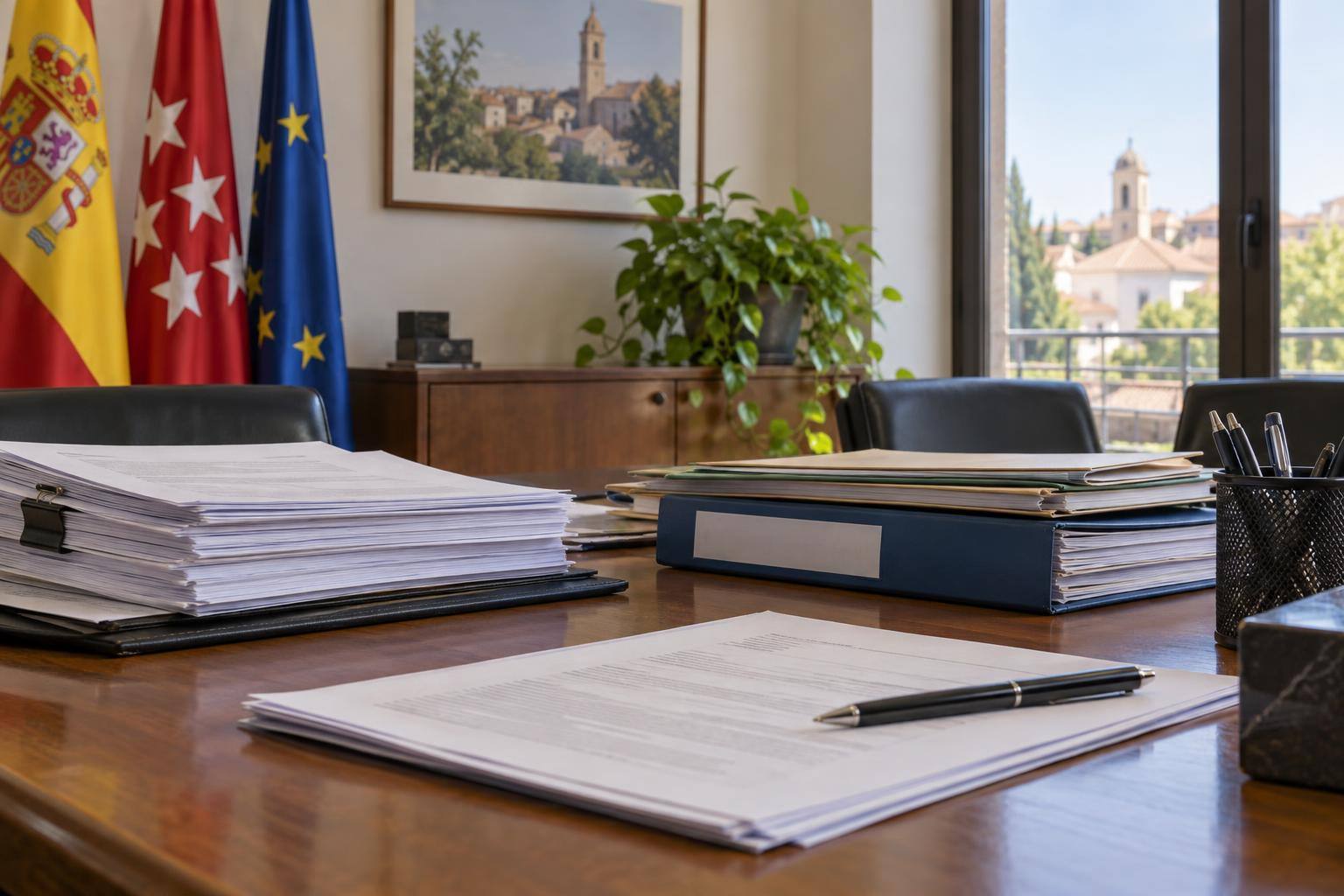 Imagen ilustrativa: Documentación administrativa y carpetas sobre una mesa de una sala institucional, sin personas ni datos legibles