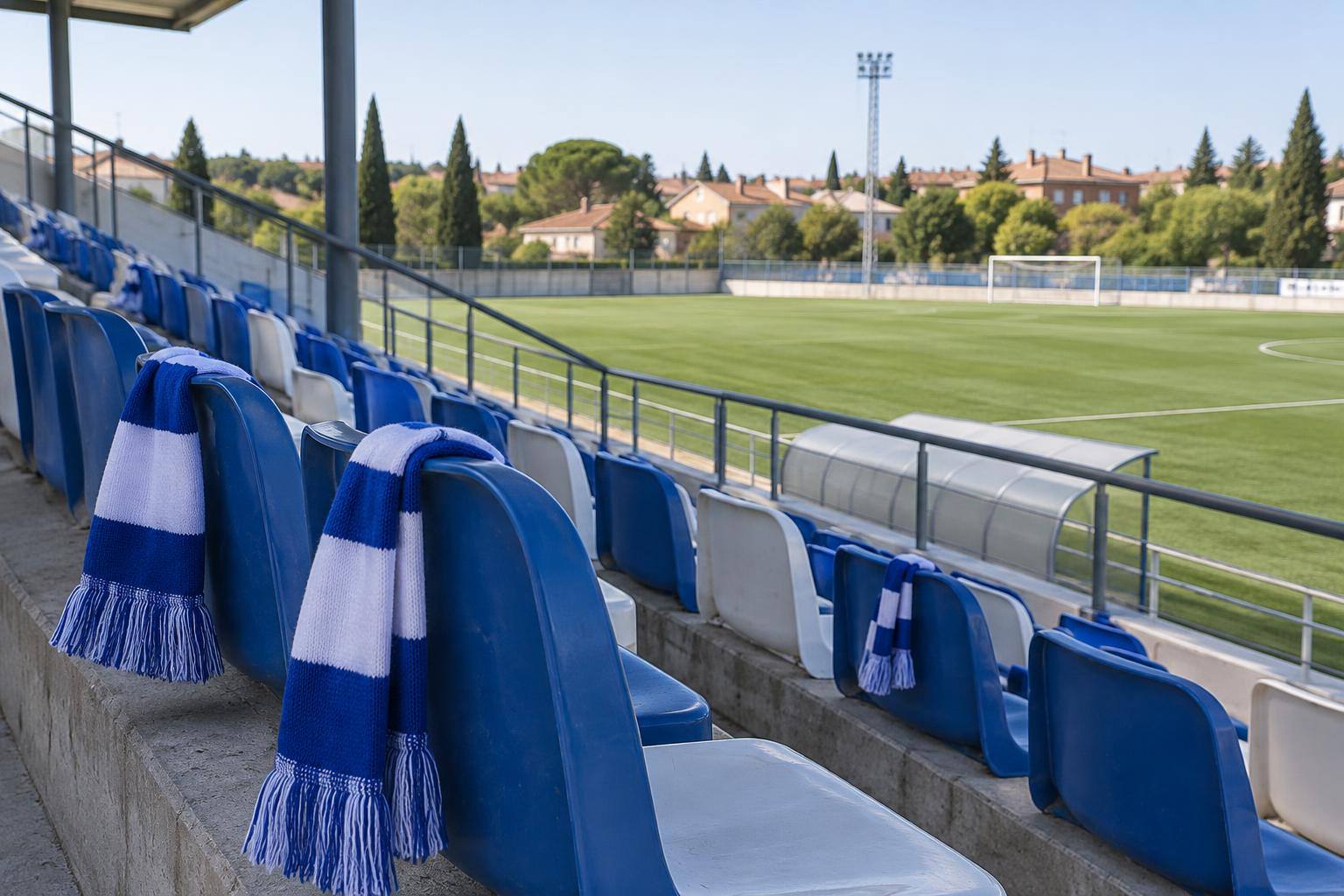 Imagen ilustrativa: Grada de un campo de fútbol con bufandas azules y blancas, sin personas reconocibles.