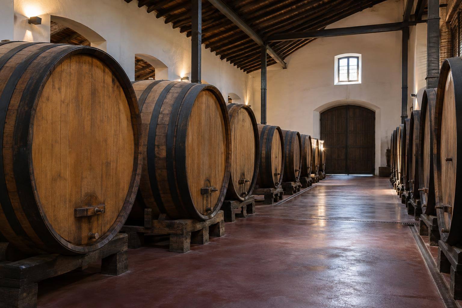 Imagen ilustrativa: Interior de una nave bodeguera con filas de botas de madera, sin personas ni marcas visibles.