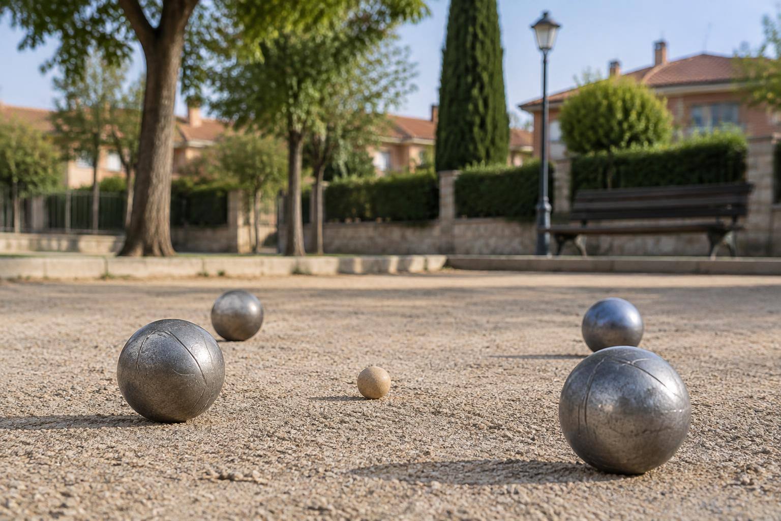 Imagen ilustrativa: Bolas de petanca y un boliche sobre una pista de tierra, sin personas reconocibles.
