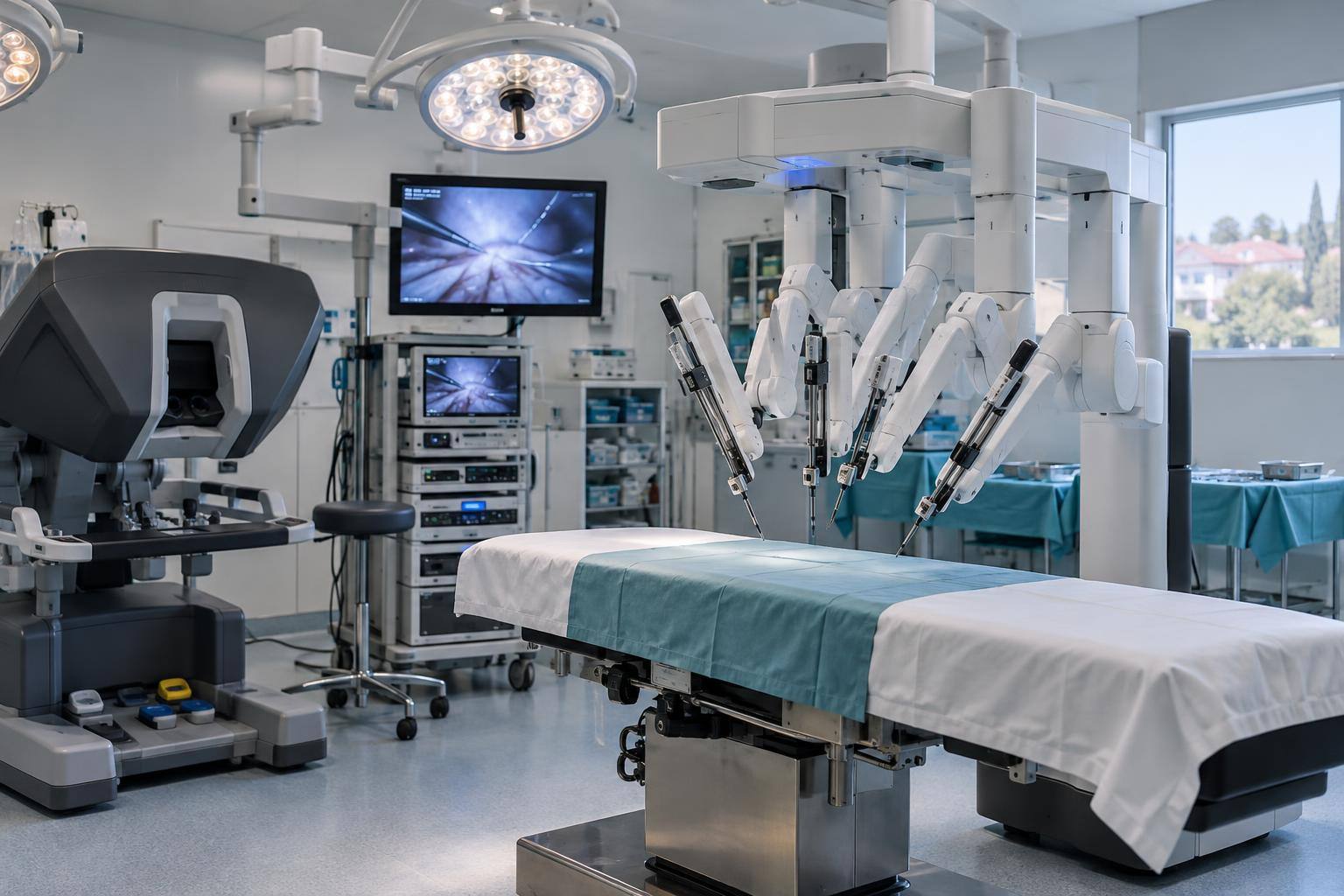 Imagen ilustrativa: Quirófano con un sistema de cirugía robótica, brazos articulados, consola de control y pantallas, sin pacientes ni personas reconocibles.