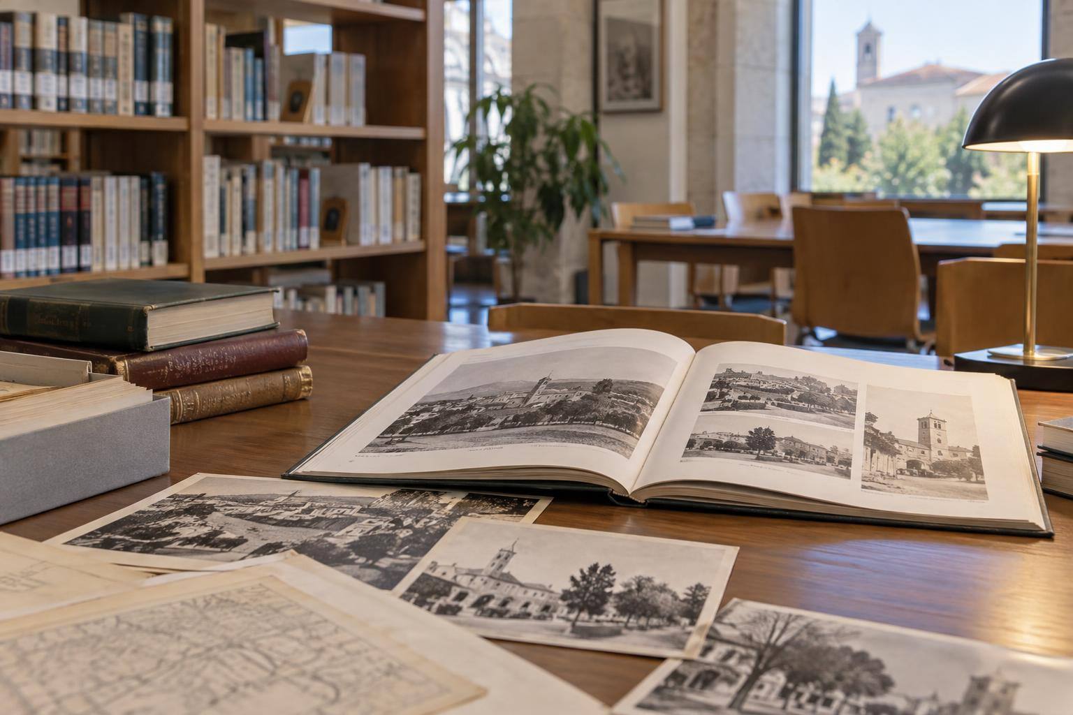 Imagen ilustrativa: Mesa de consulta de una biblioteca con libros, documentos y fotografías antiguas, sin personas ni textos identificables