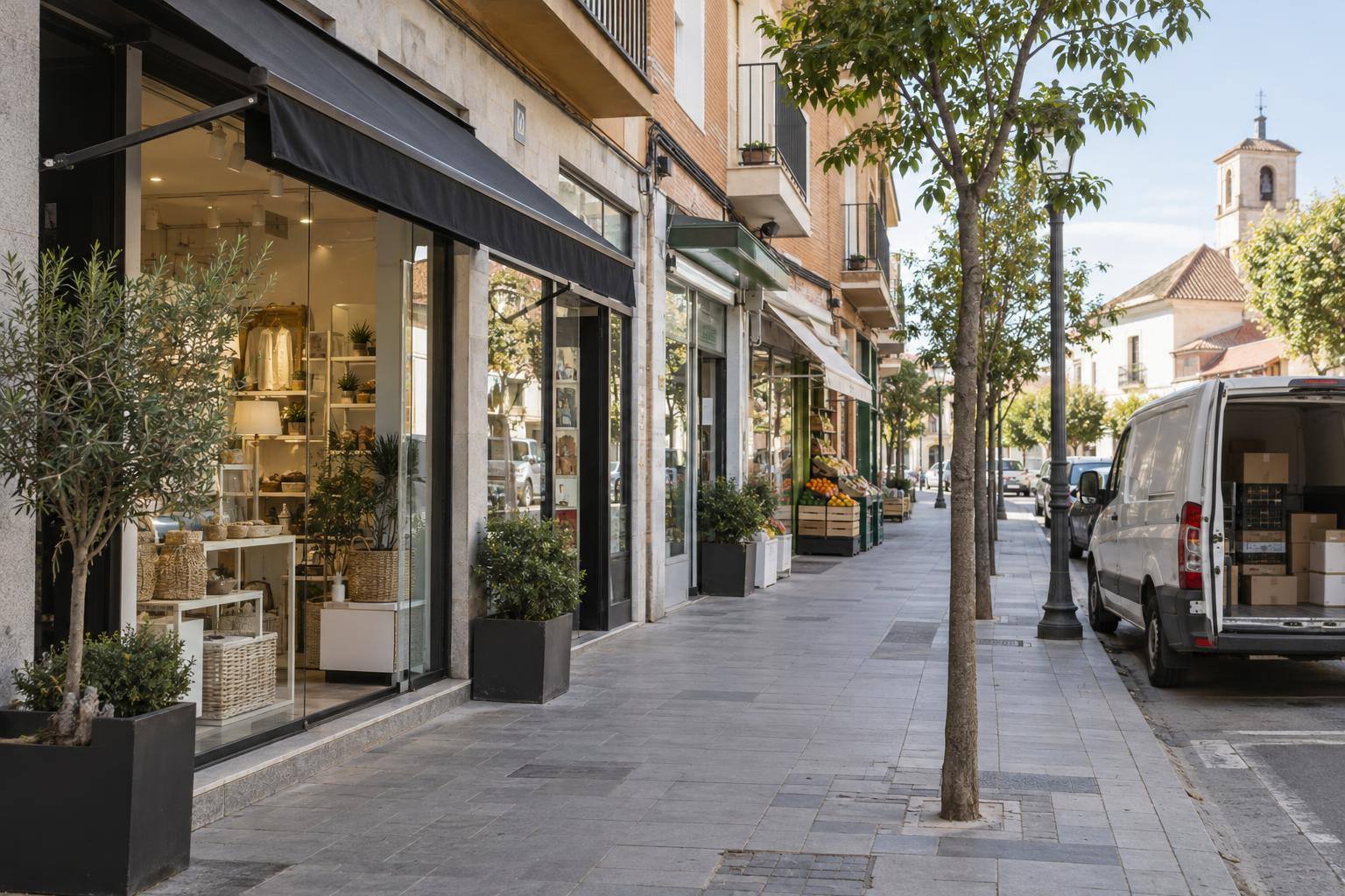 Imagen ilustrativa: Calle comercial con establecimientos abiertos y un vehículo de reparto estacionado, sin personas reconocibles