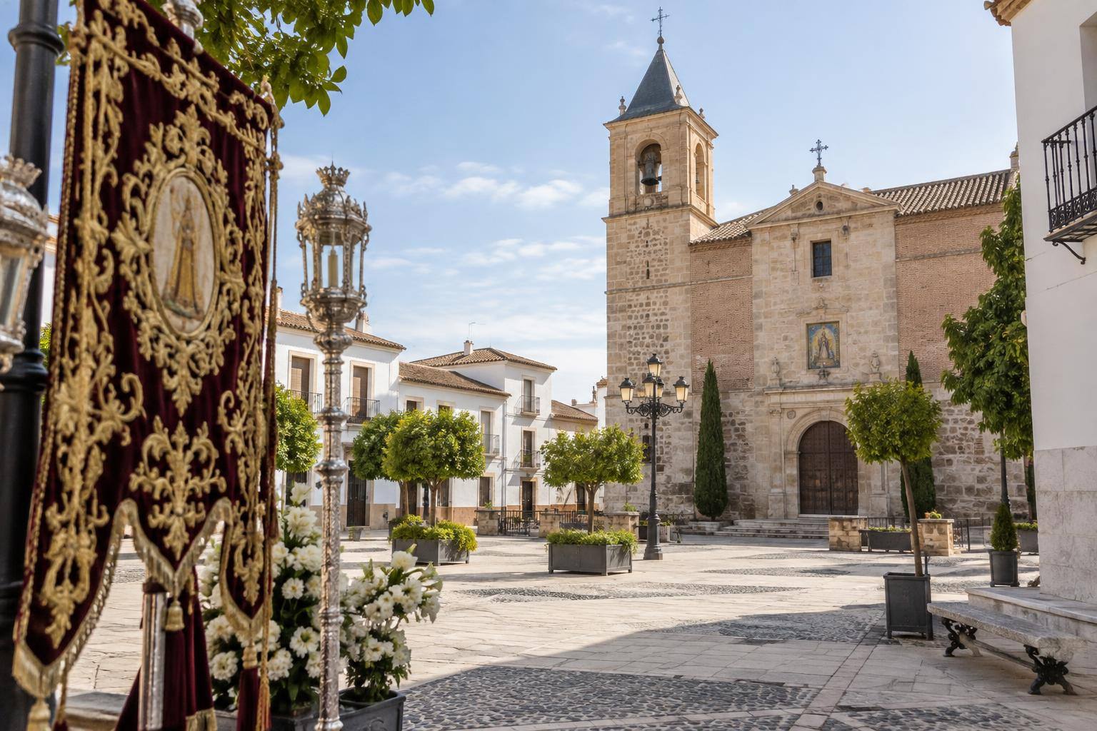 Imagen ilustrativa: Plaza de una localidad rural andaluza con una iglesia y elementos de ornamentación cofrade, sin personas reconocibles.