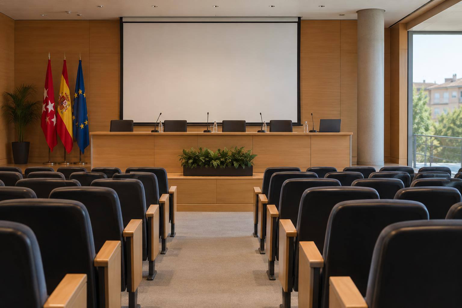 Imagen ilustrativa: Auditorio con filas de butacas y una mesa de conferencias con micrófonos frente a una pantalla, sin personas.