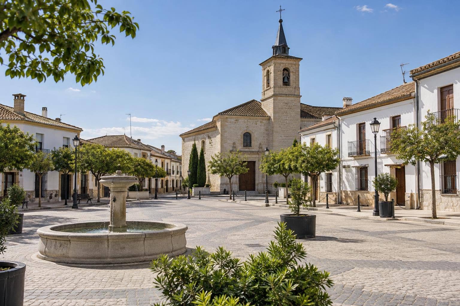 Imagen ilustrativa generada con IA Imagen ilustrativa: Plaza de una localidad rural andaluza con una iglesia y calles de casas bajas, sin personas reconocibles.