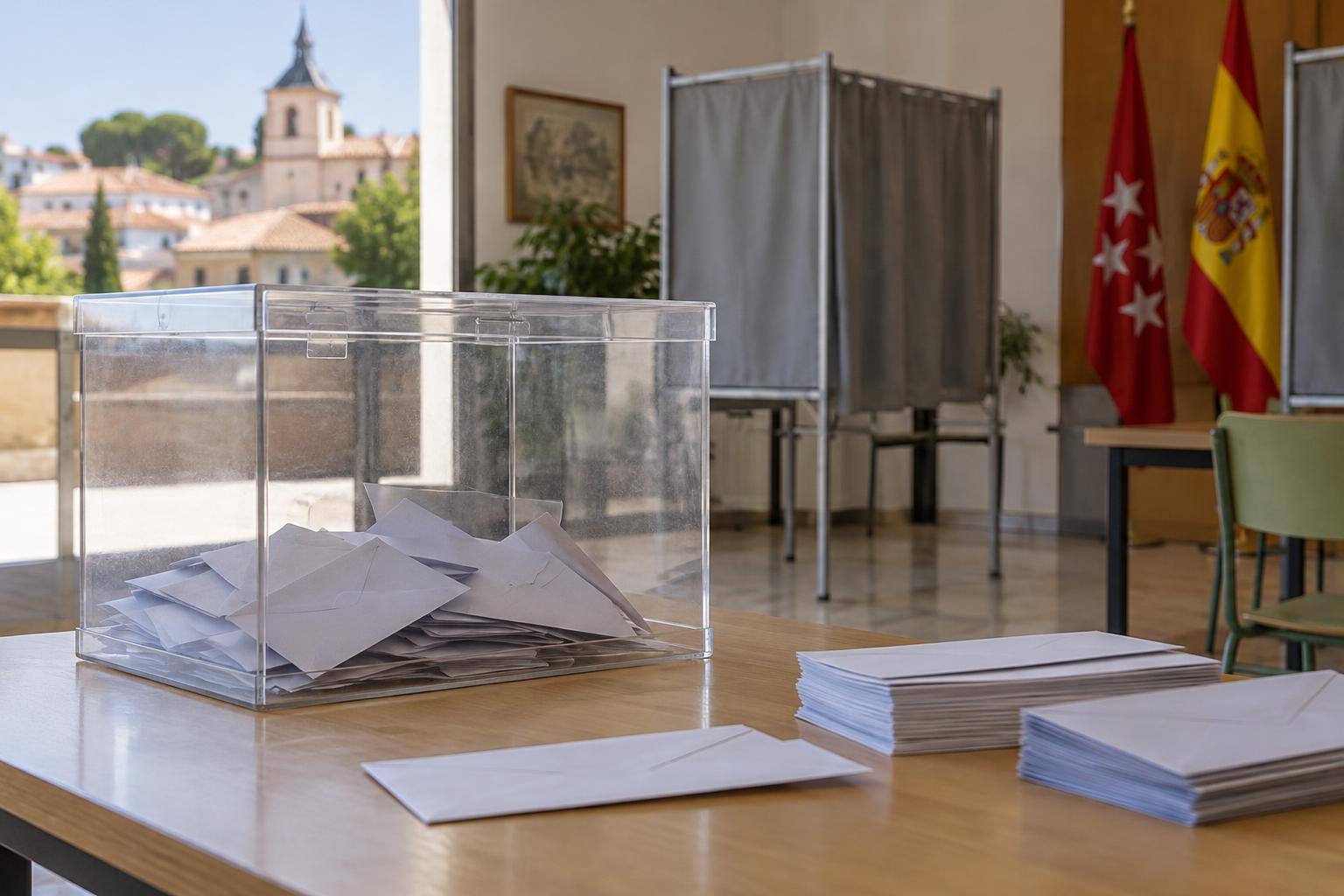 Imagen ilustrativa: Urna electoral transparente junto a sobres y papeletas sobre una mesa, sin personas ni datos personales visibles