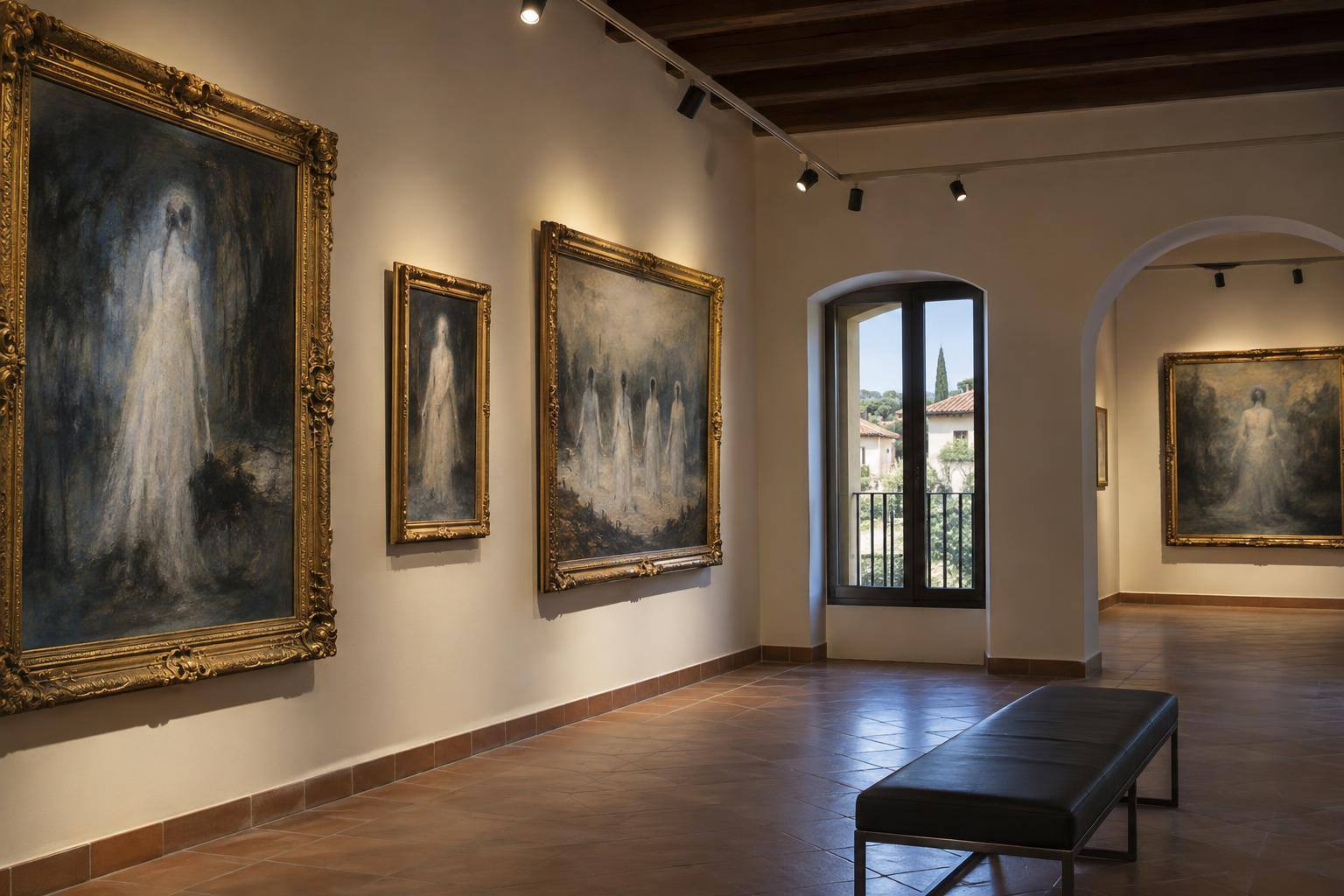 Imagen ilustrativa: Interior de una galería de arte con pinturas de figuras fantasmales y marcos ornamentados, sin personas.