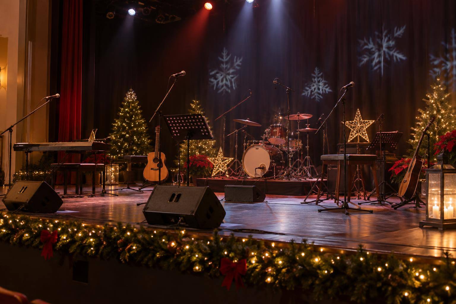 Imagen ilustrativa: Escenario de teatro con instrumentos musicales, micrófonos e iluminación de temática navideña, sin personas.