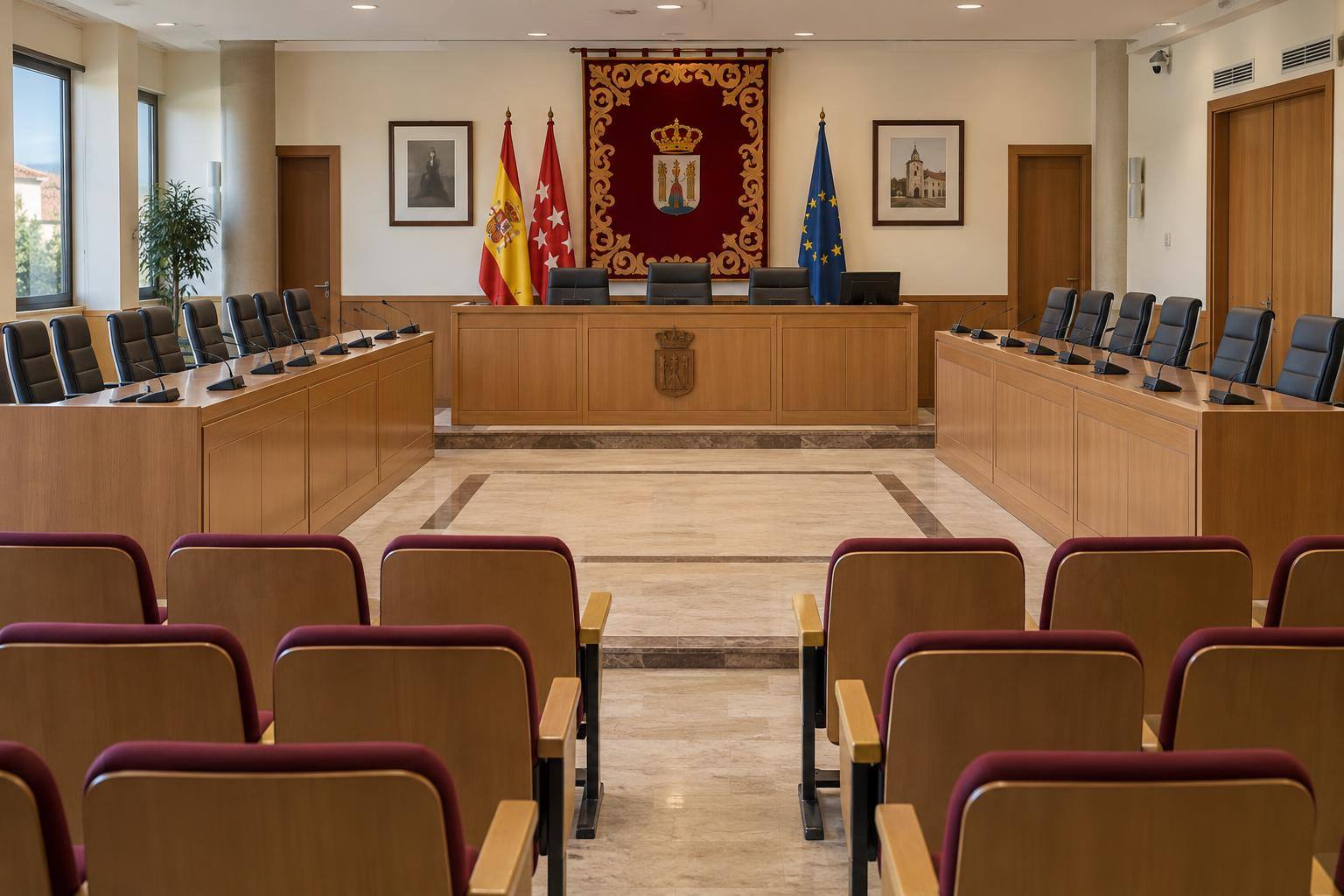 Imagen ilustrativa: Salón de plenos municipal vacío, con bancadas de concejales y mesa de presidencia.