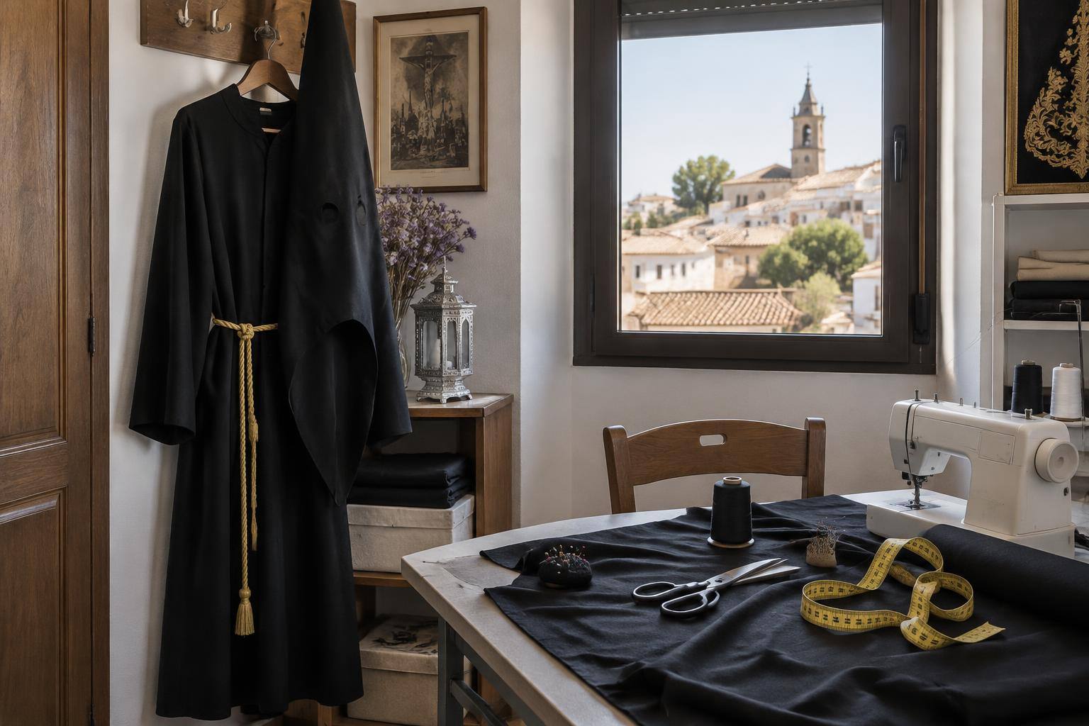 Imagen ilustrativa: Túnica negra de nazareno sin capa colgada junto a una mesa de costura con cinta métrica, sin personas.