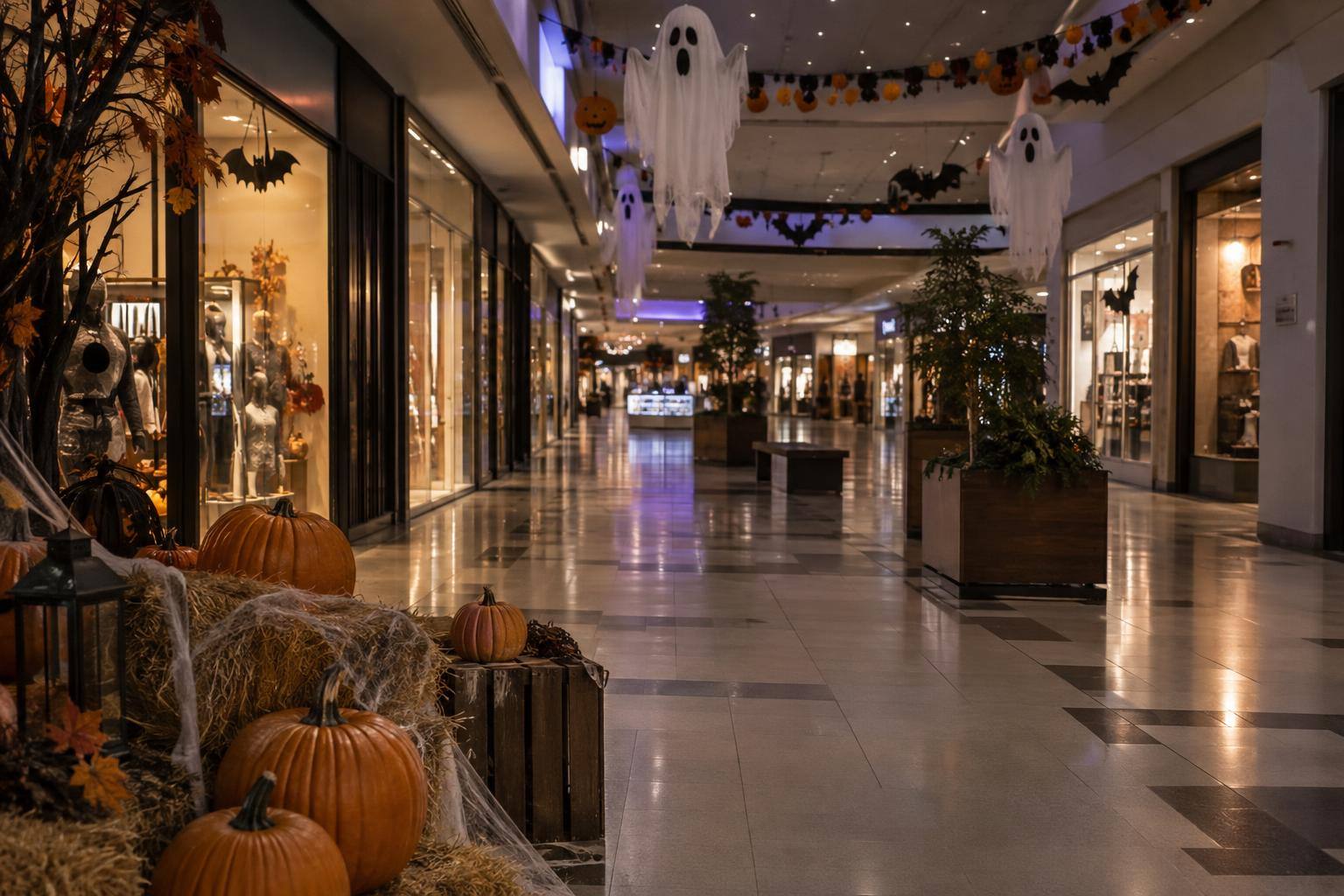 Imagen ilustrativa: Pasillo de un centro comercial con decoración de Halloween e iluminación tenue, sin personas reconocibles.