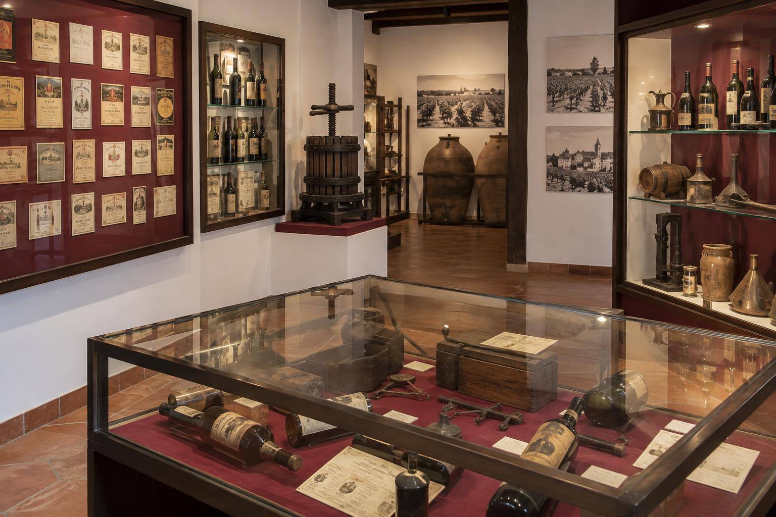 Imagen ilustrativa: Sala de un museo del vino con vitrinas de etiquetas antiguas, botellas y utensilios de bodega, sin personas.