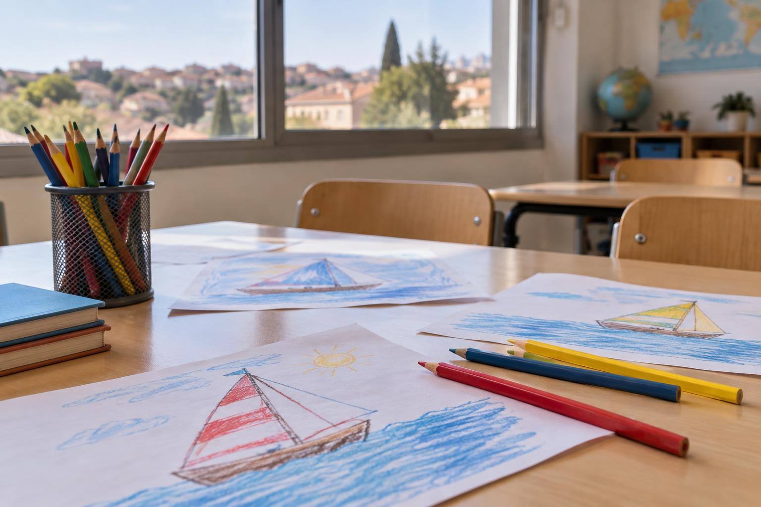 Imagen ilustrativa: Mesa de aula con lápices de colores y dibujos escolares de barcos de vela, sin personas ni nombres visibles.
