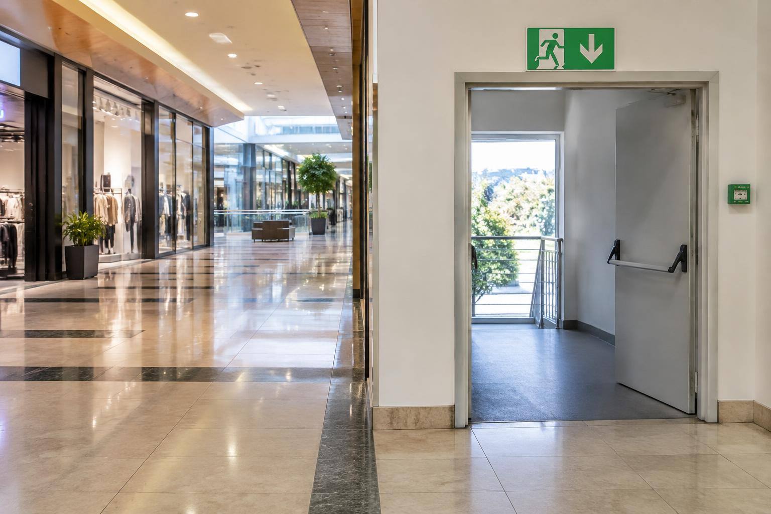 Imagen ilustrativa: Pasillo de un centro comercial con una salida de emergencia señalizada y el acceso despejado, sin personas reconocibles.