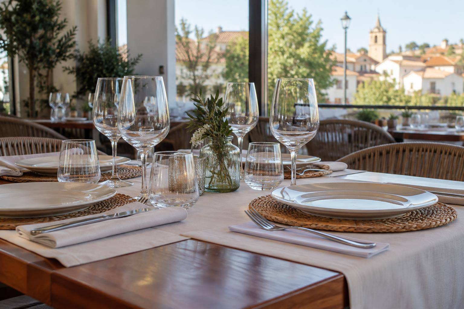 Imagen ilustrativa generada con IA Imagen ilustrativa: Mesa de restaurante preparada para varios comensales, con platos, copas y cubiertos, sin personas reconocibles