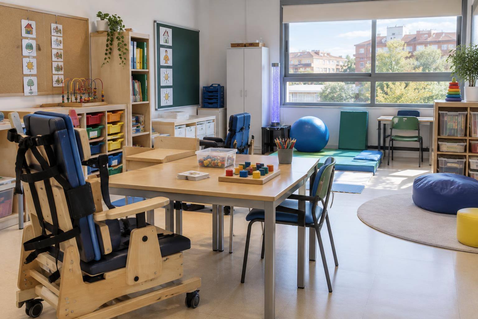 Imagen ilustrativa: Aula de educación especial con mobiliario adaptado y materiales de apoyo, sin personas.