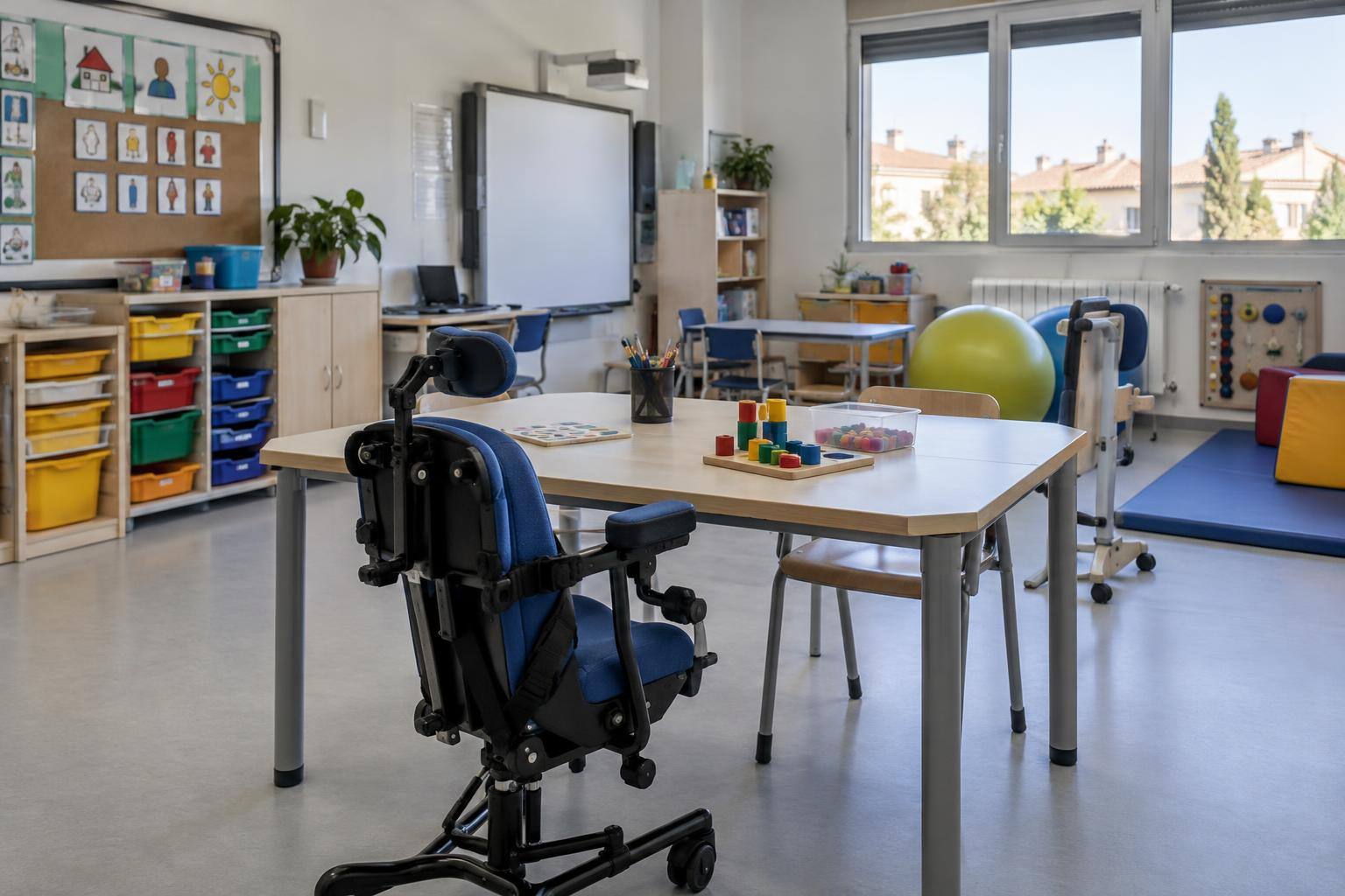 Imagen ilustrativa: Aula de un centro de educación especial con mobiliario adaptado y materiales educativos, sin personas.
