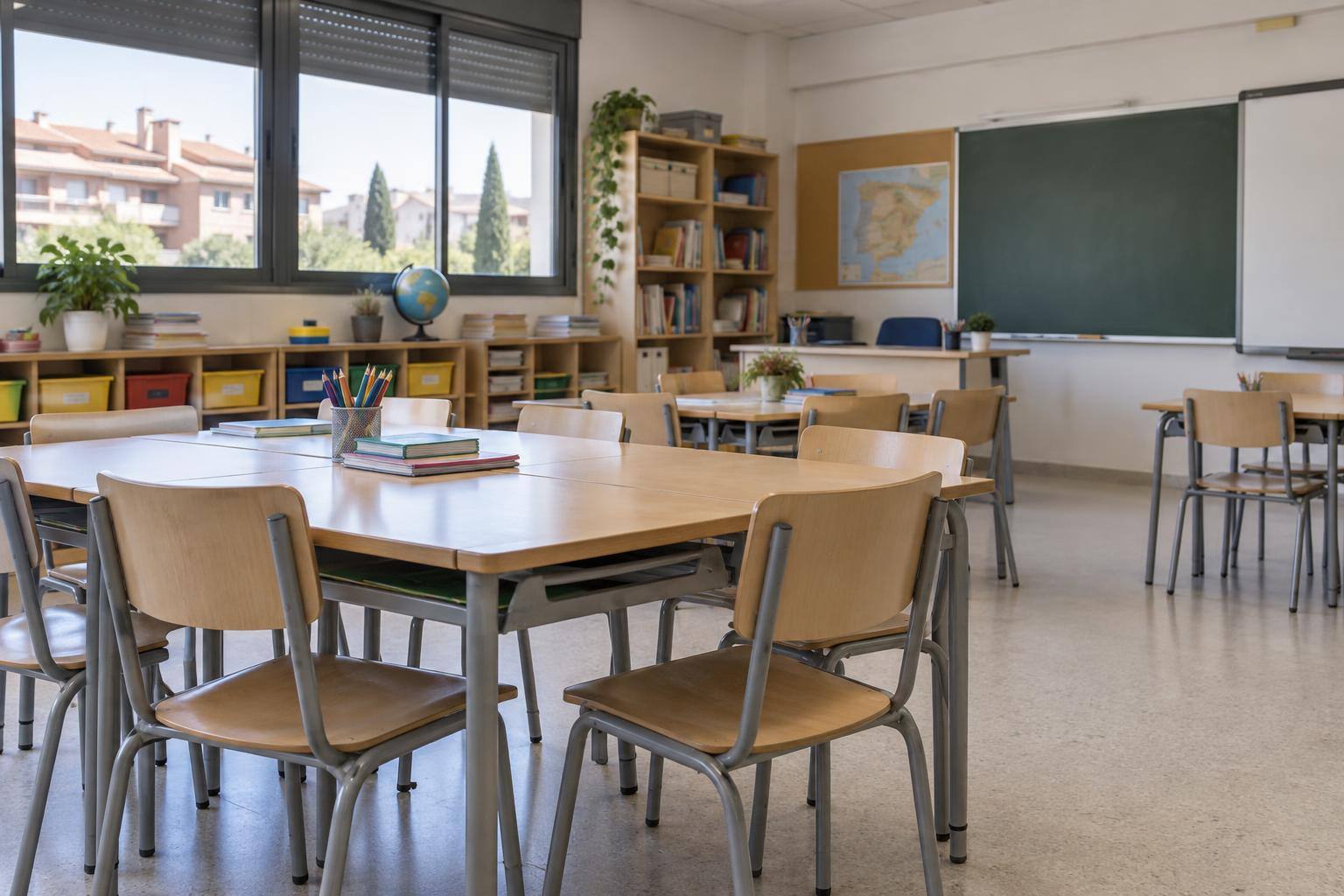 Imagen ilustrativa: Aula escolar sin personas, con mesas agrupadas y materiales educativos en estanterías.