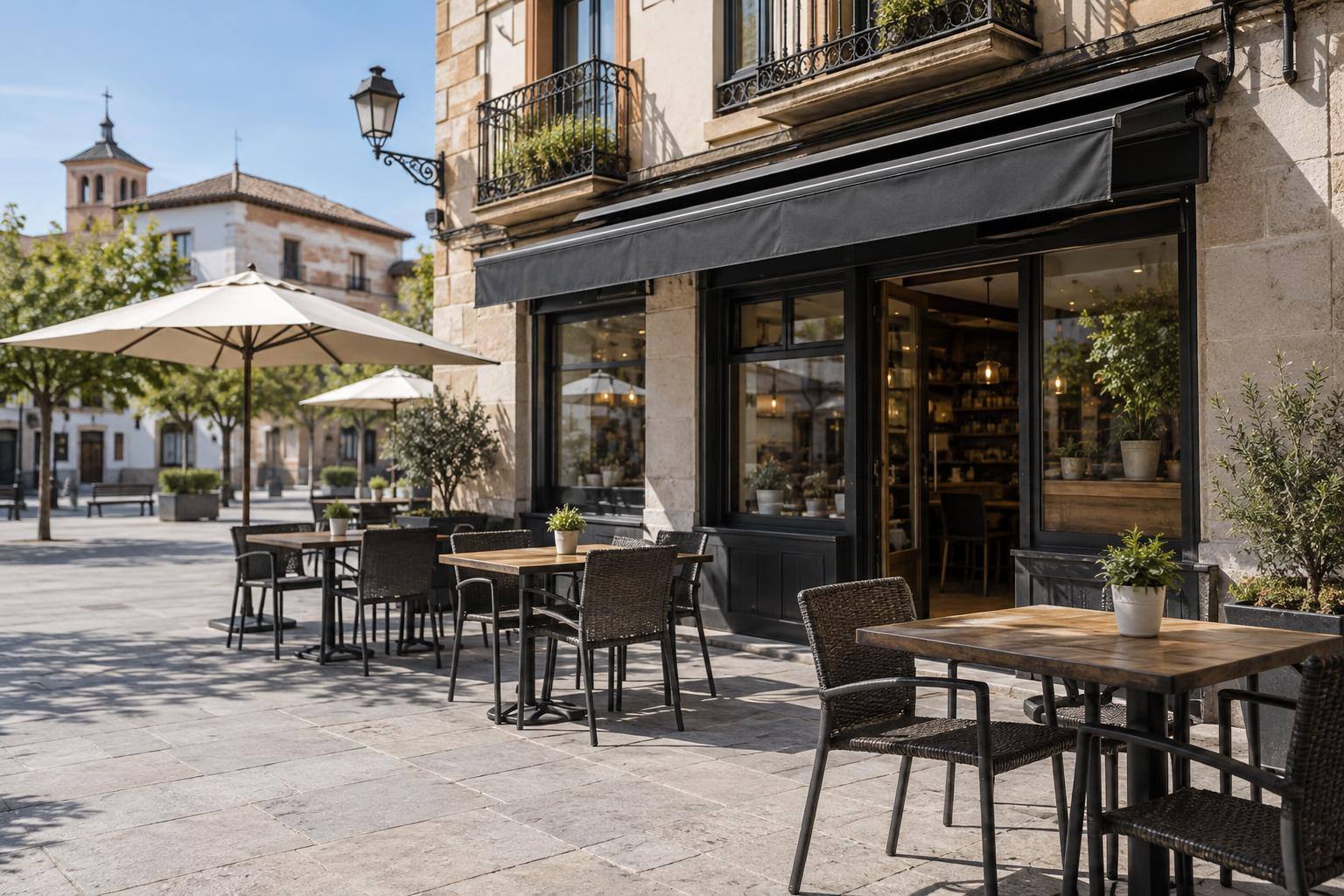 Imagen ilustrativa: Fachada de un local de restauración en una plaza urbana, sin rótulos ni personas reconocibles
