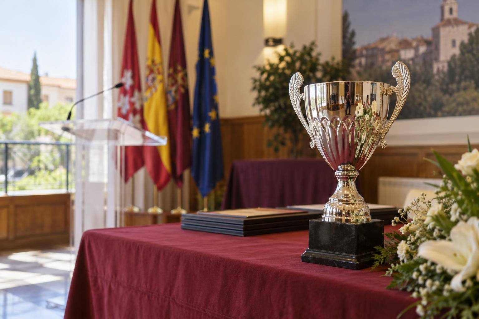 Imagen ilustrativa: Trofeo sobre una mesa en un salón preparado para una entrega de premios, sin personas ni logotipos reconocibles.