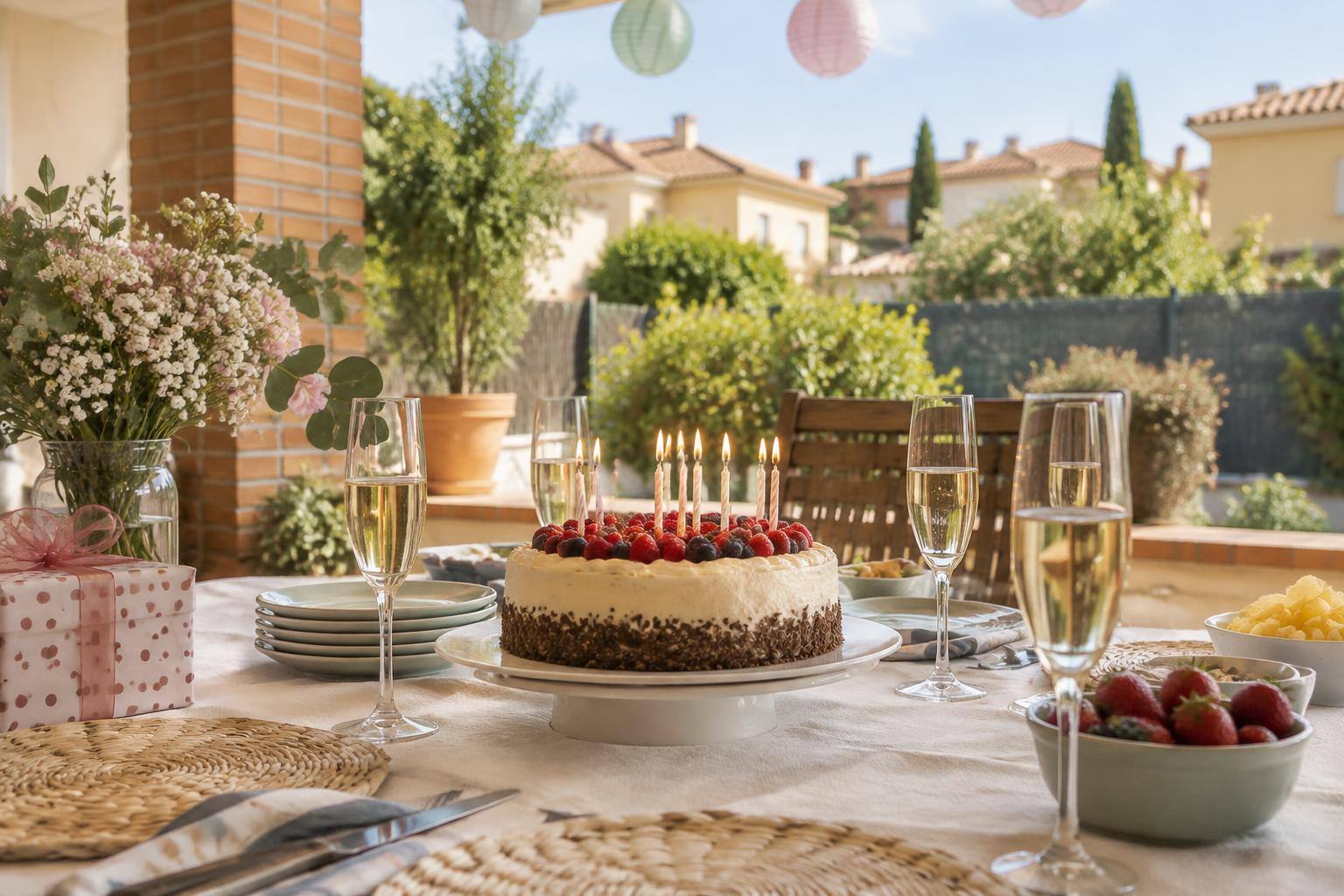 Imagen ilustrativa: Mesa preparada para una celebración de cumpleaños, con una tarta y copas, sin personas reconocibles.