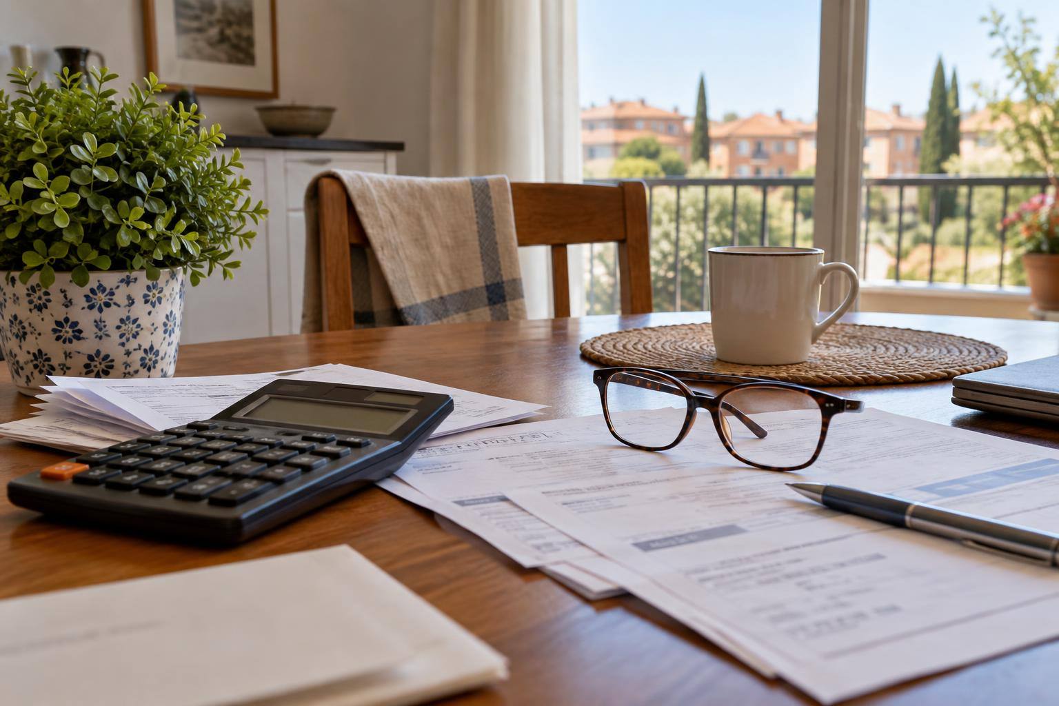 Imagen ilustrativa: Mesa doméstica con una calculadora, gafas y documentos sin datos personales legibles