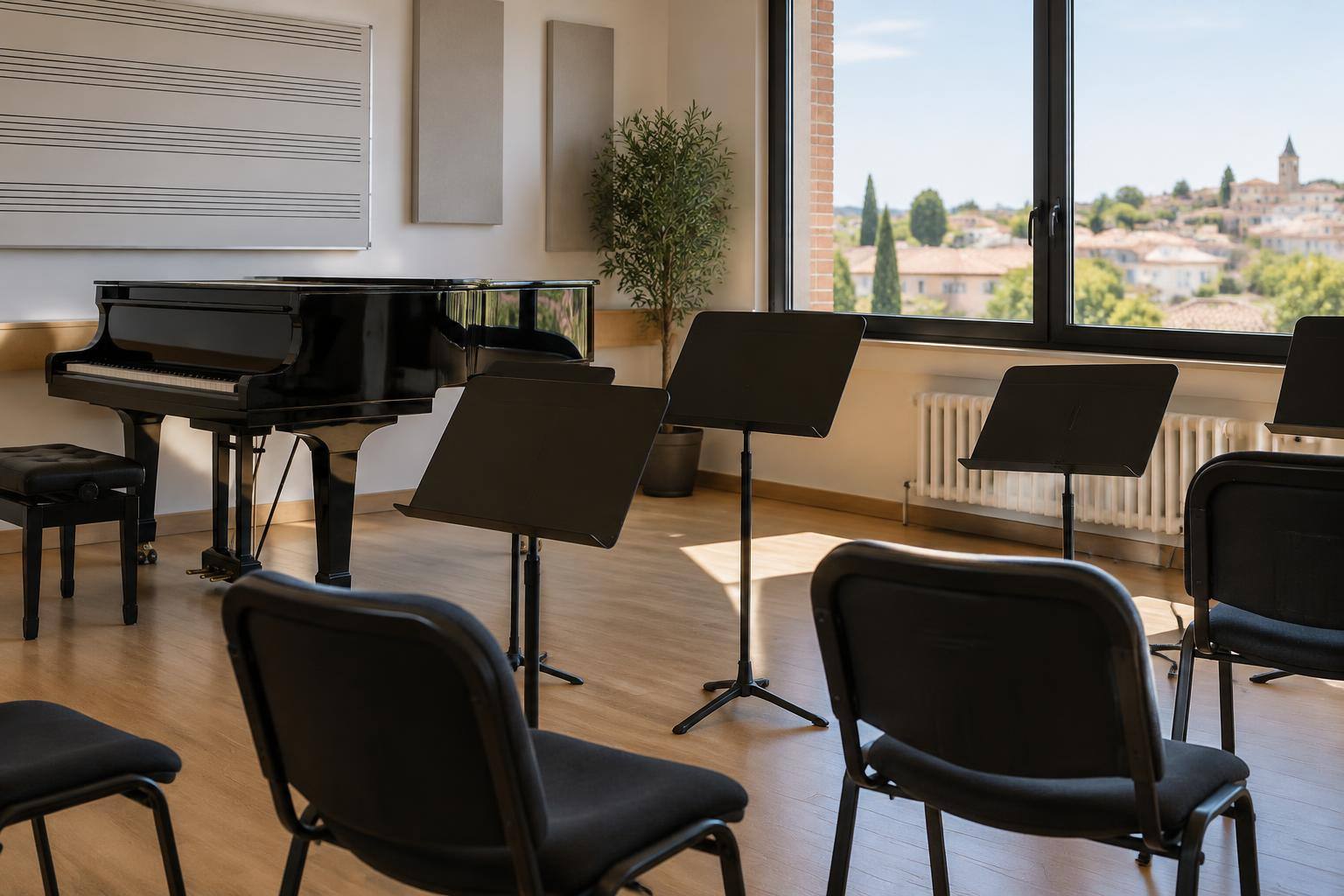 Imagen ilustrativa: Aula de conservatorio con un piano, atriles y sillas vacías, sin personas.