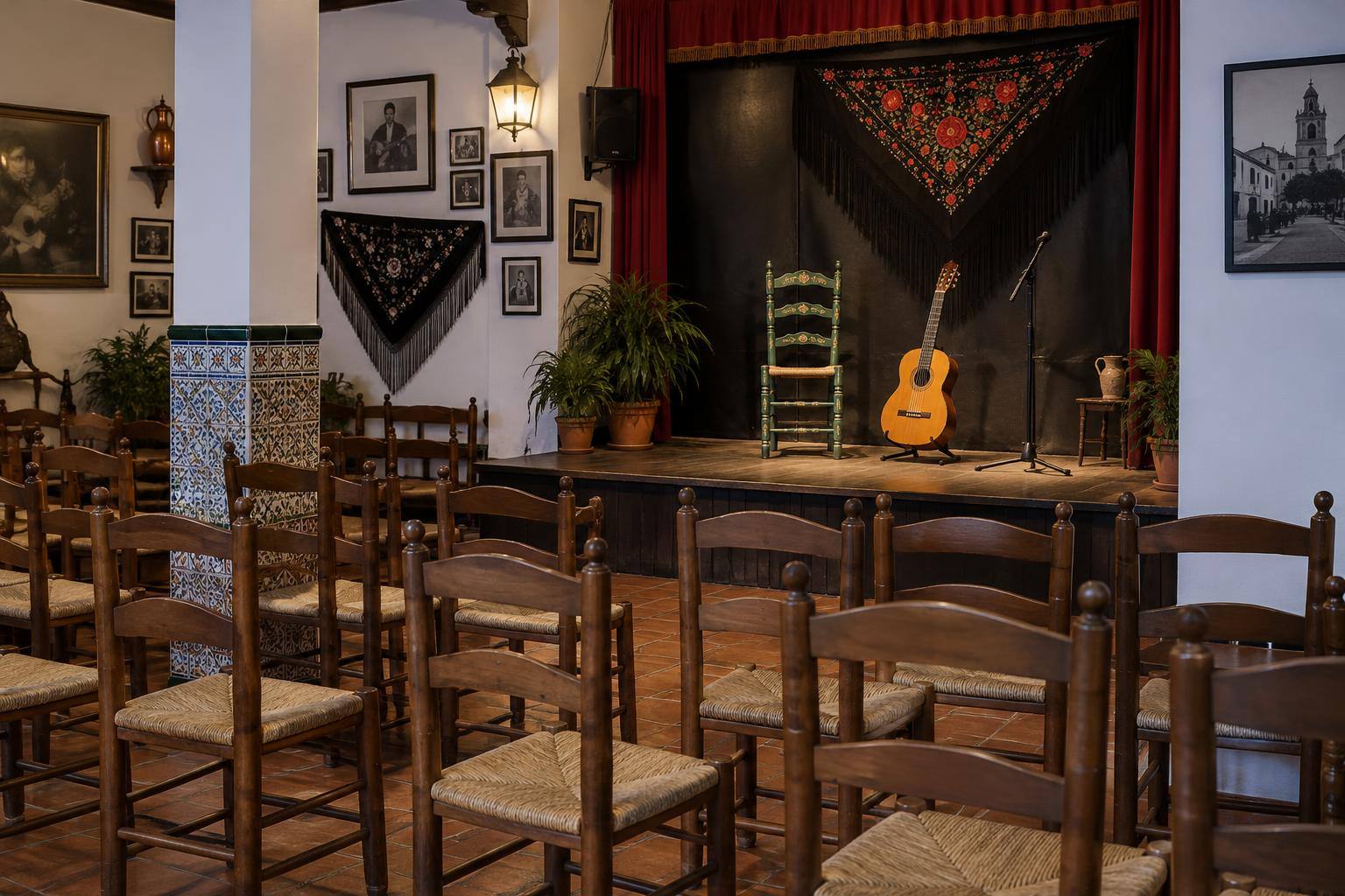 Imagen ilustrativa: Interior de una peña flamenca con sillas dispuestas ante un pequeño escenario y una guitarra española, sin personas.