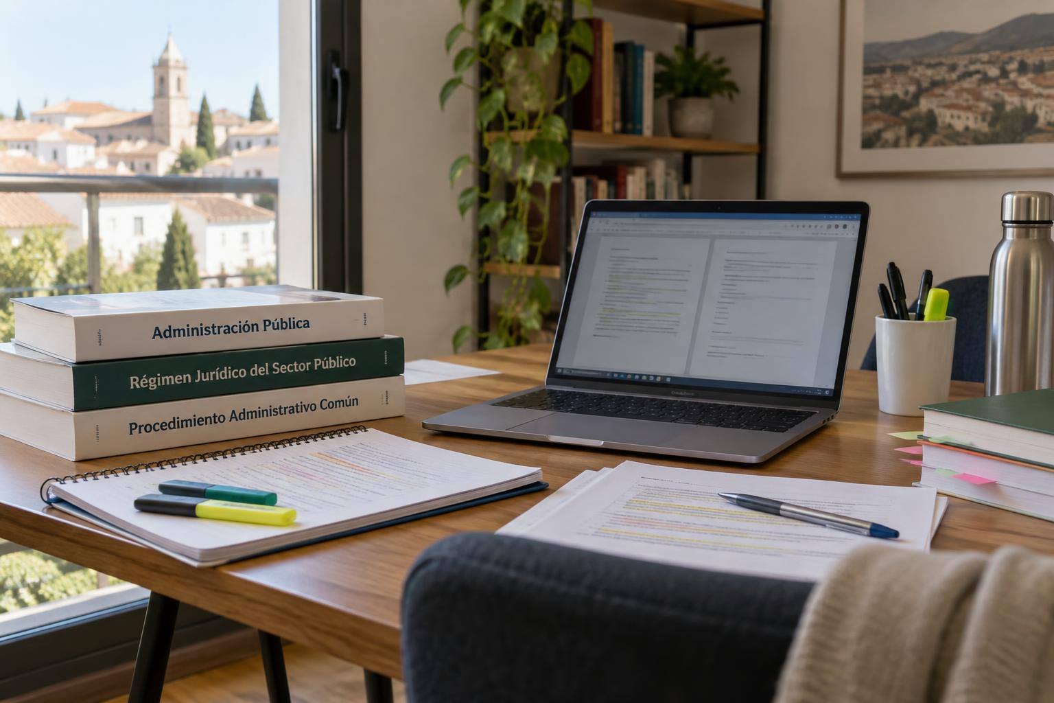 Imagen ilustrativa: Mesa de estudio con un ordenador, documentos y libros de preparación de empleo público, sin datos personales visibles ni personas reconocibles