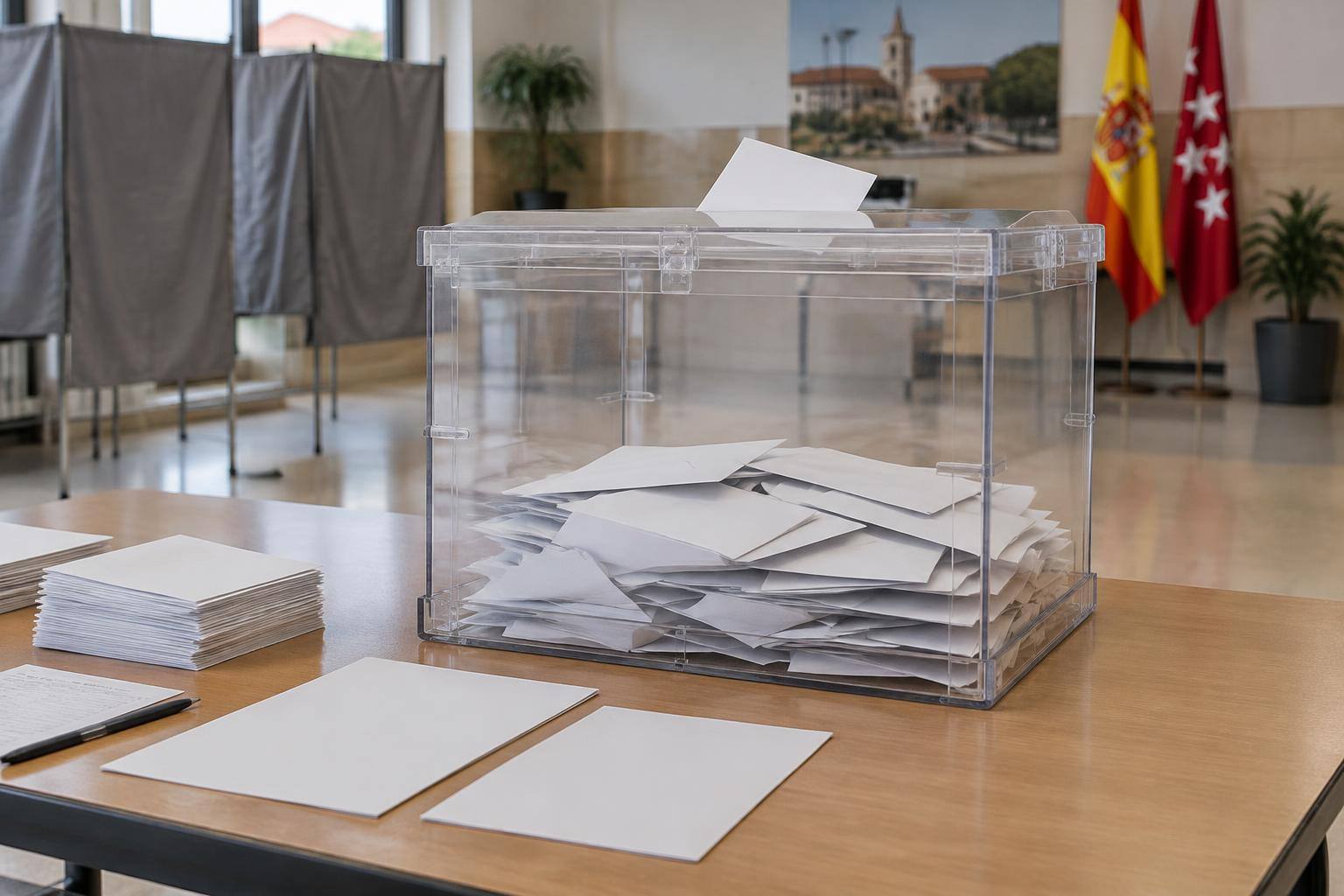 Imagen ilustrativa: Urna electoral transparente sobre una mesa con sobres y papeletas, sin personas ni nombres de candidaturas visibles.