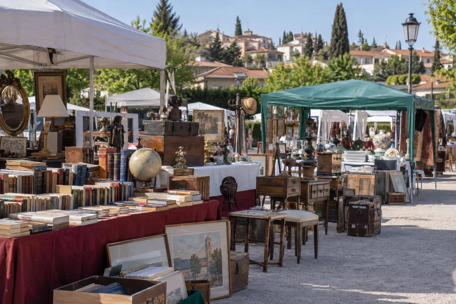 Imagen ilustrativa: Puestos de un mercadillo al aire libre en una explanada, con libros, objetos usados y antigüedades, sin personas reconocibles.