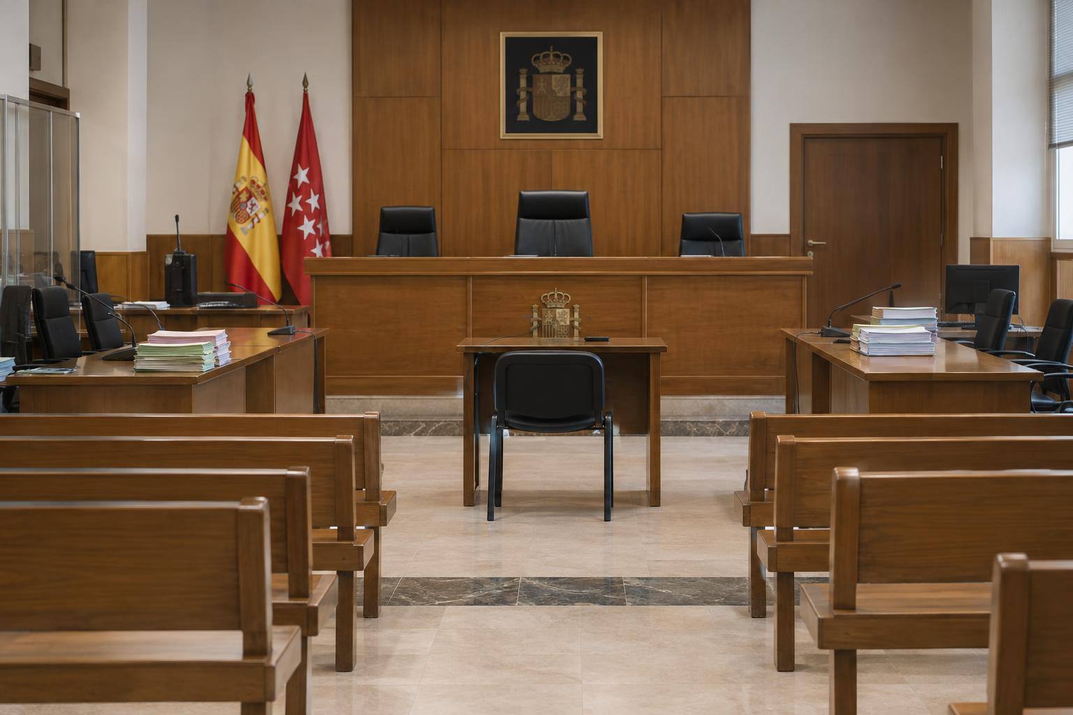 Imagen ilustrativa: Sala de vistas judicial vacía, con estrado, bancos y expedientes sobre una mesa, sin personas ni documentos identificables