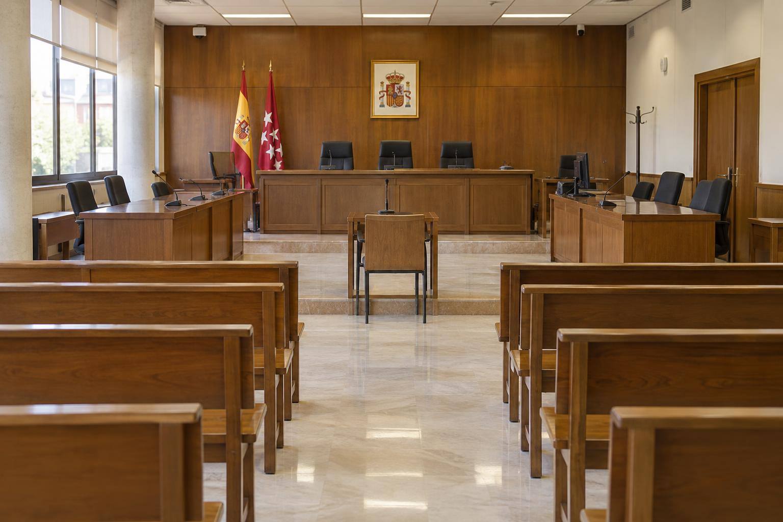 Imagen ilustrativa: sala de vistas vacía de un tribunal, con estrado y bancos de madera