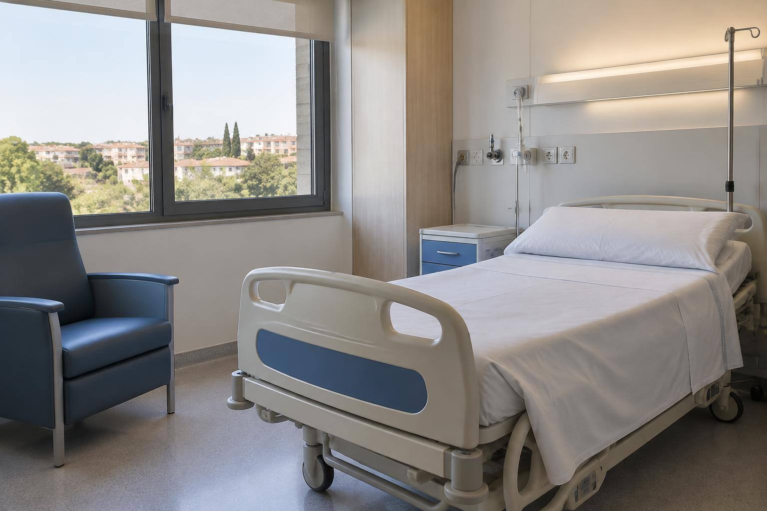 Imagen ilustrativa: Habitación de hospital con una cama y un sillón para acompañantes, sin personas ni elementos identificativos.