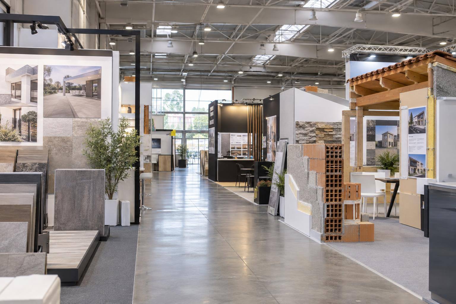 Imagen ilustrativa: Pabellón ferial con expositores de materiales de construcción y muestras de sistemas constructivos, sin personas reconocibles.