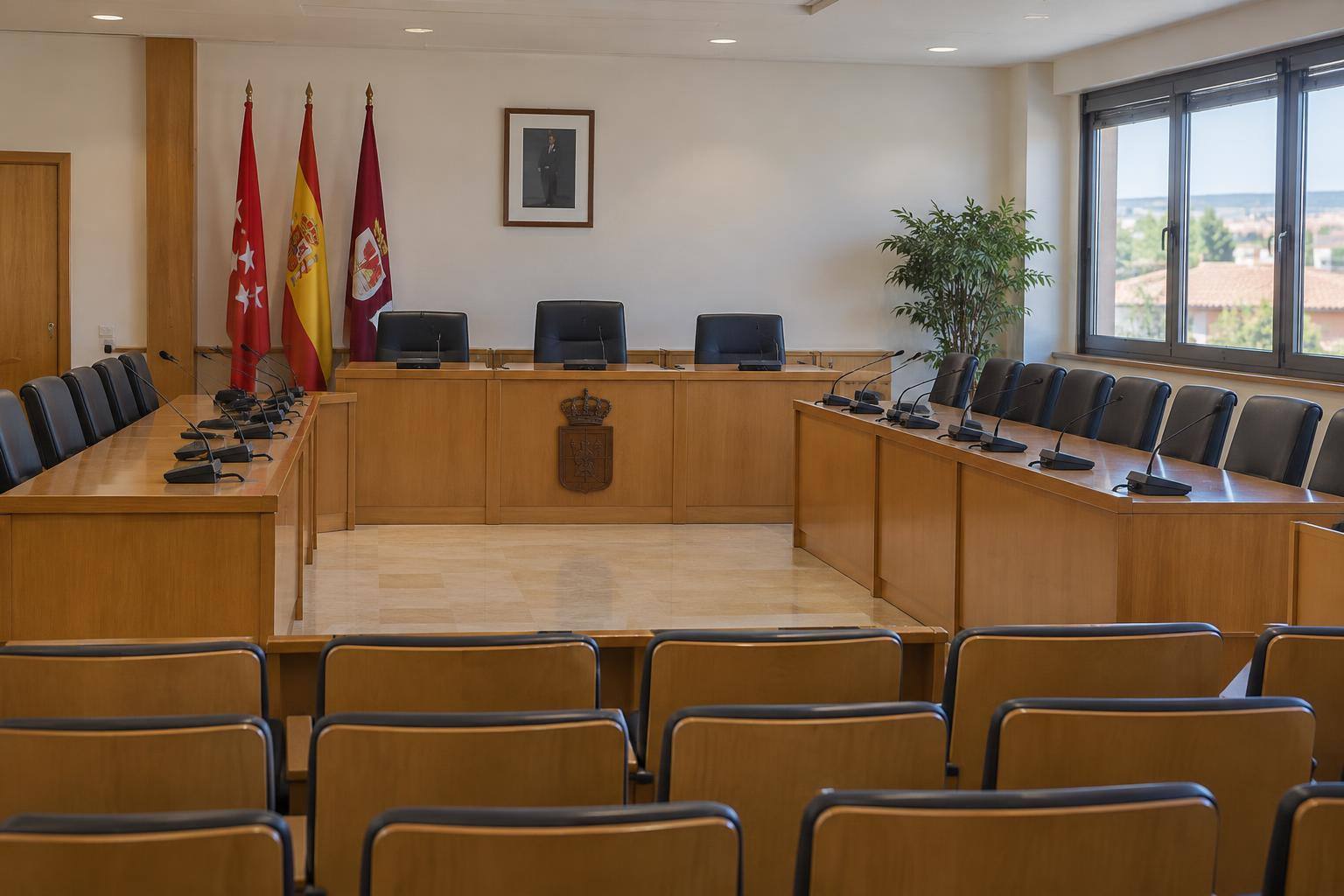 Imagen ilustrativa: Sala de una comisión parlamentaria con mesas, micrófonos y asientos vacíos, sin personas reconocibles.