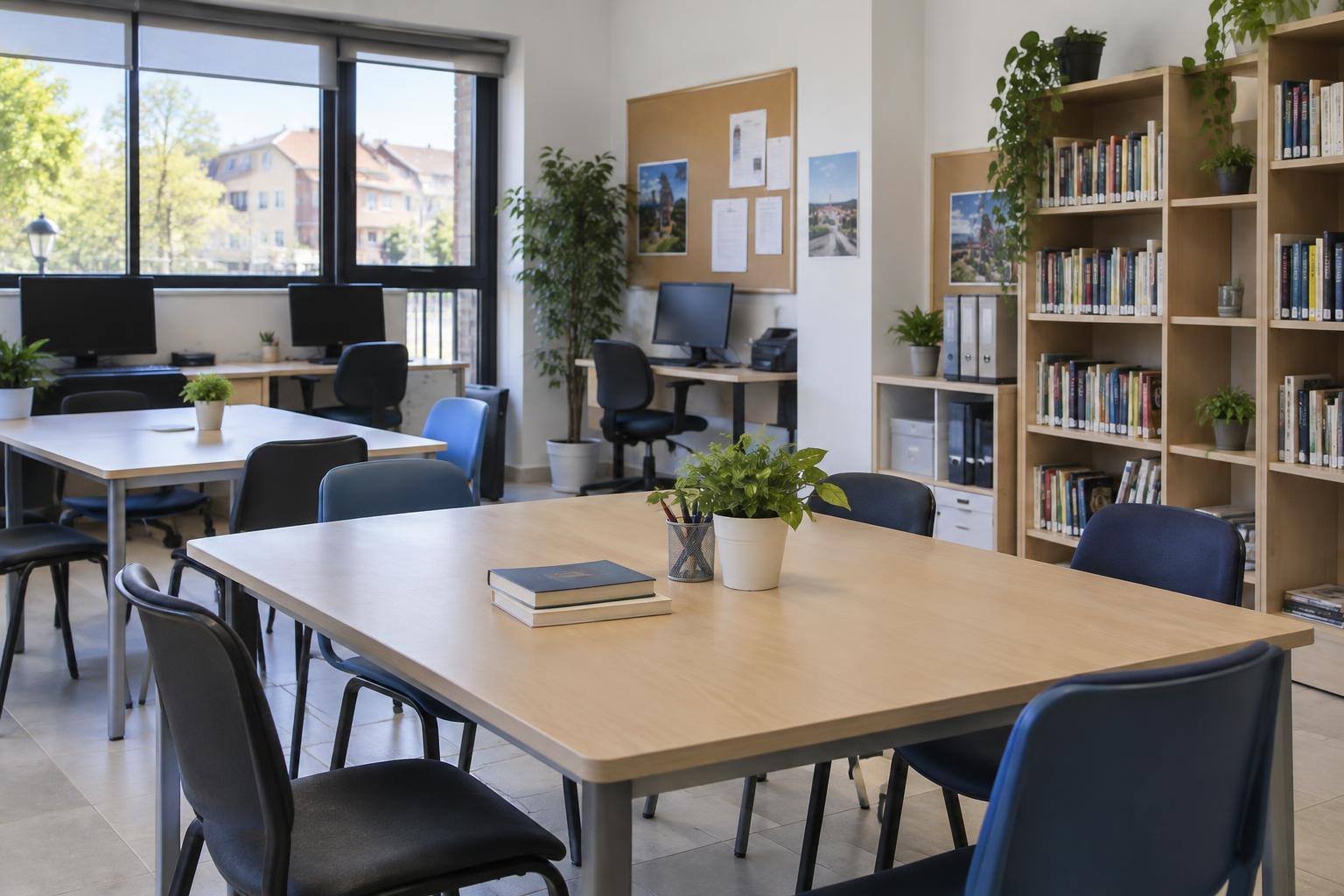 Imagen ilustrativa: Sala de un centro de participación social con mesas de trabajo, ordenadores y estanterías, sin personas reconocibles