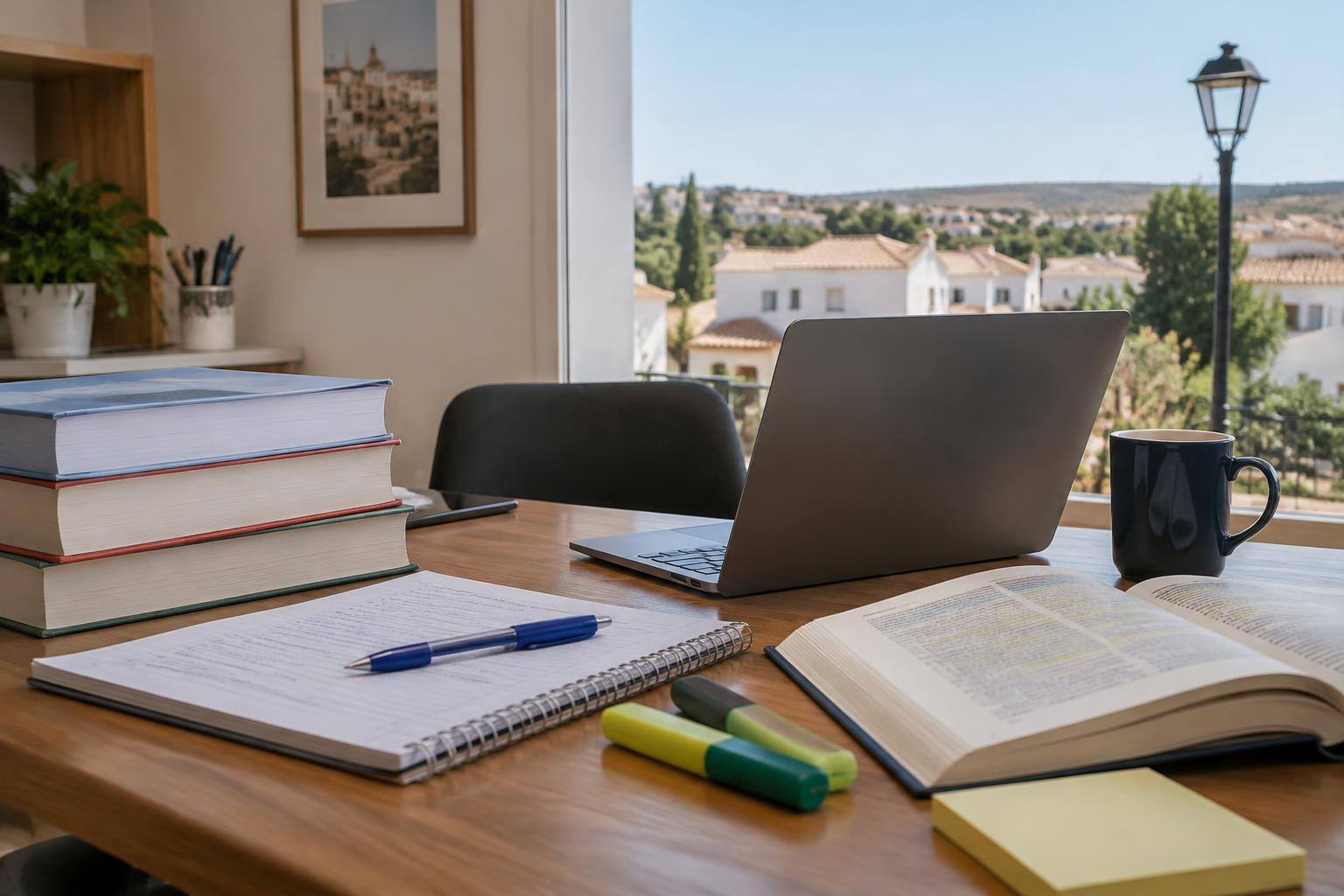 Imagen ilustrativa: Mesa de estudio con temarios, cuadernos y un ordenador, sin personas ni datos personales visibles