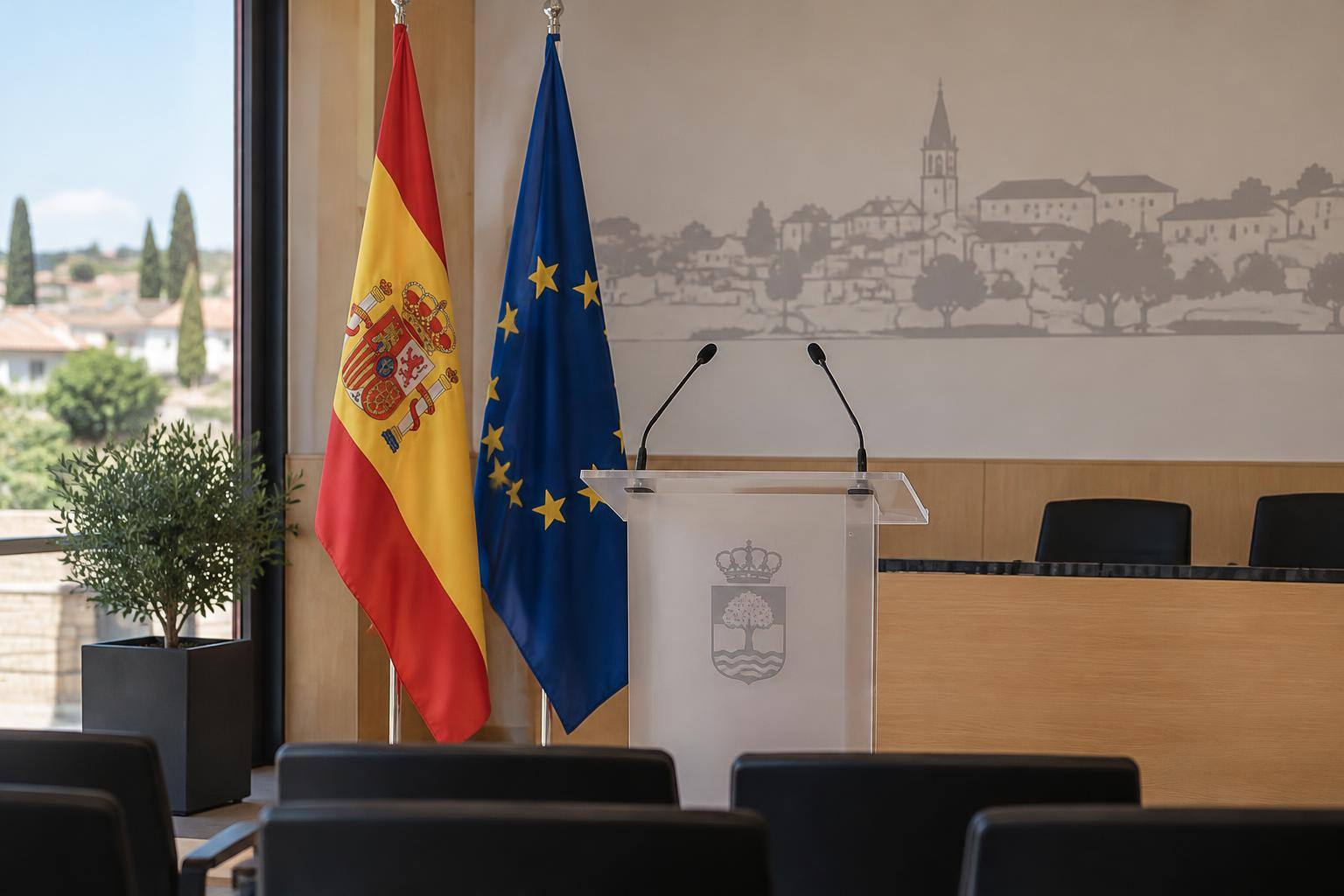 Imagen ilustrativa: Sala de prensa institucional vacía, con atril, micrófonos y banderas de España y de la Unión Europea.