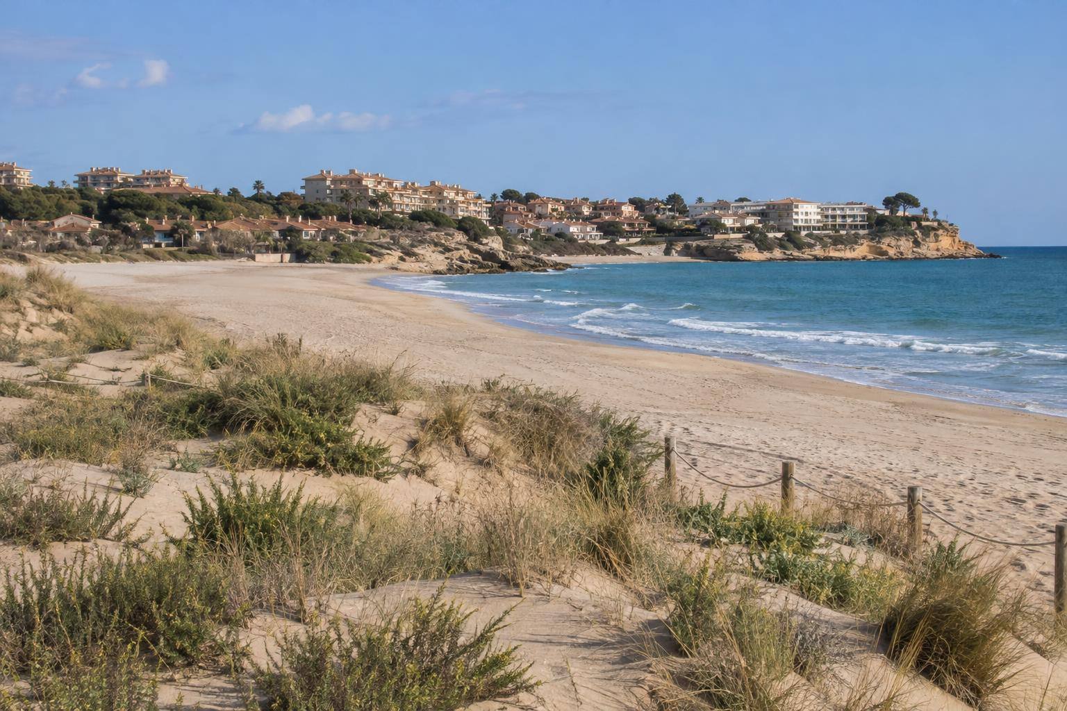 Imagen ilustrativa: tramo de litoral con playa, dunas y edificaciones al fondo, sin personas reconocibles
