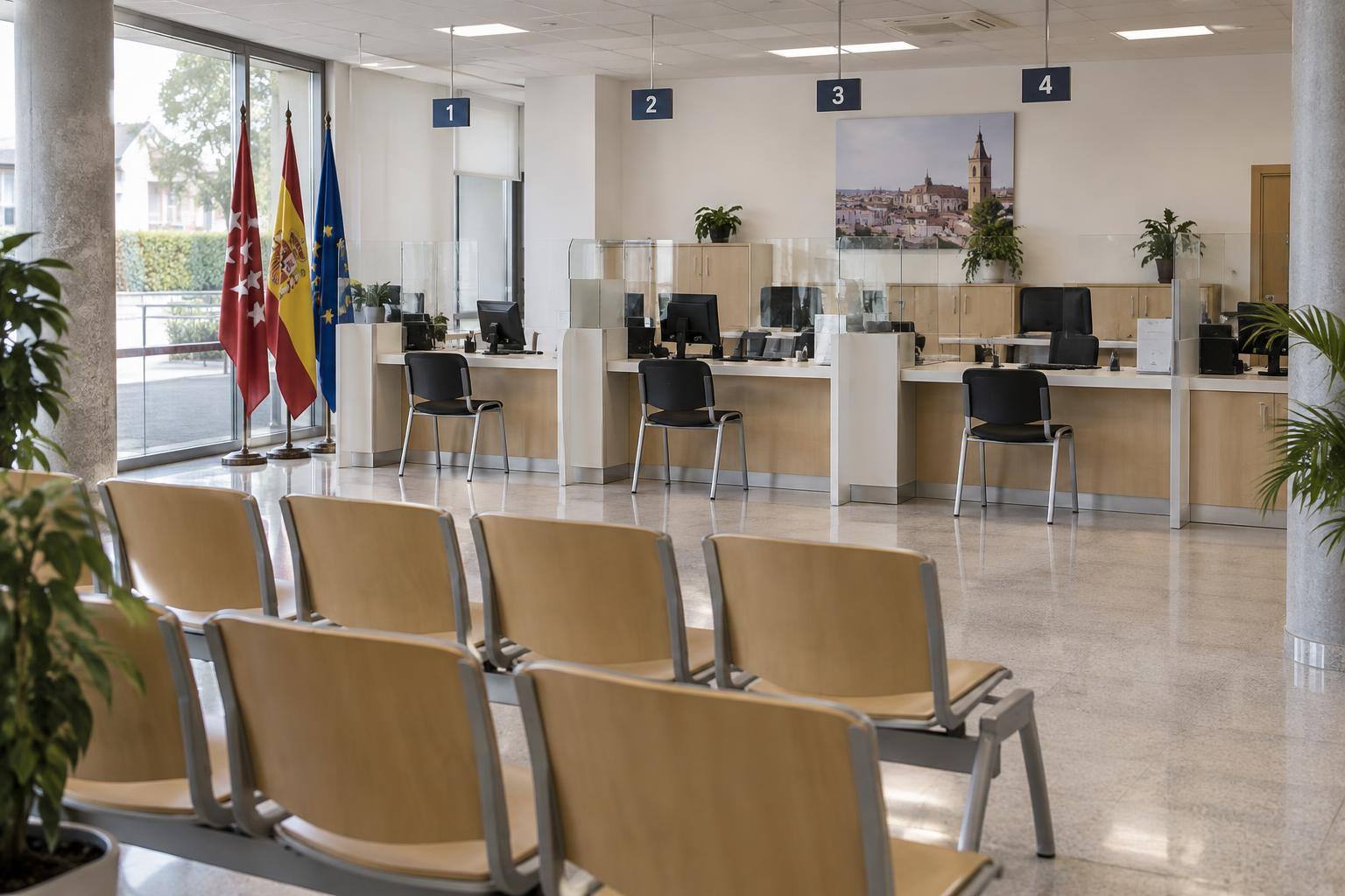 Imagen ilustrativa: Zona de atención al público de una administración, con mostradores y asientos de espera, sin personas reconocibles