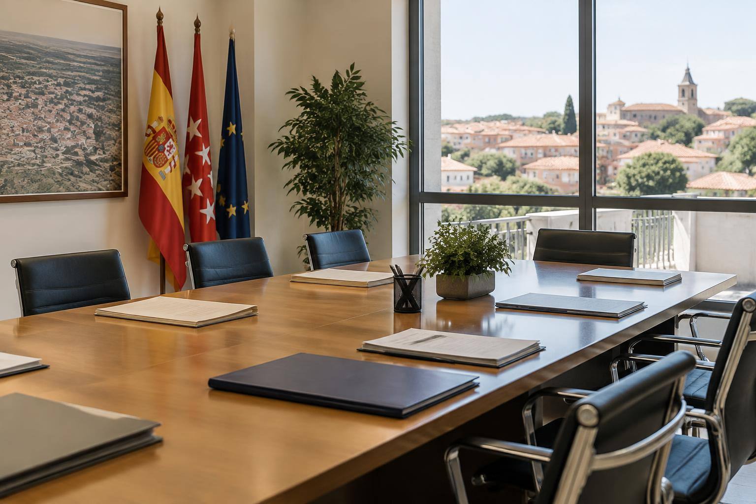 Imagen ilustrativa: Sala de reuniones con una mesa, sillas y carpetas de documentación, sin personas ni textos legibles.