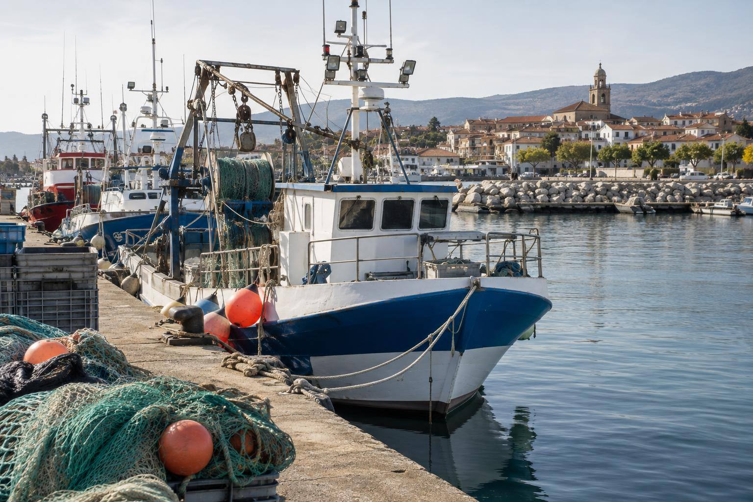 Imagen ilustrativa: Buques pesqueros amarrados en un puerto, con redes y equipos de faena sobre cubierta, sin personas reconocibles
