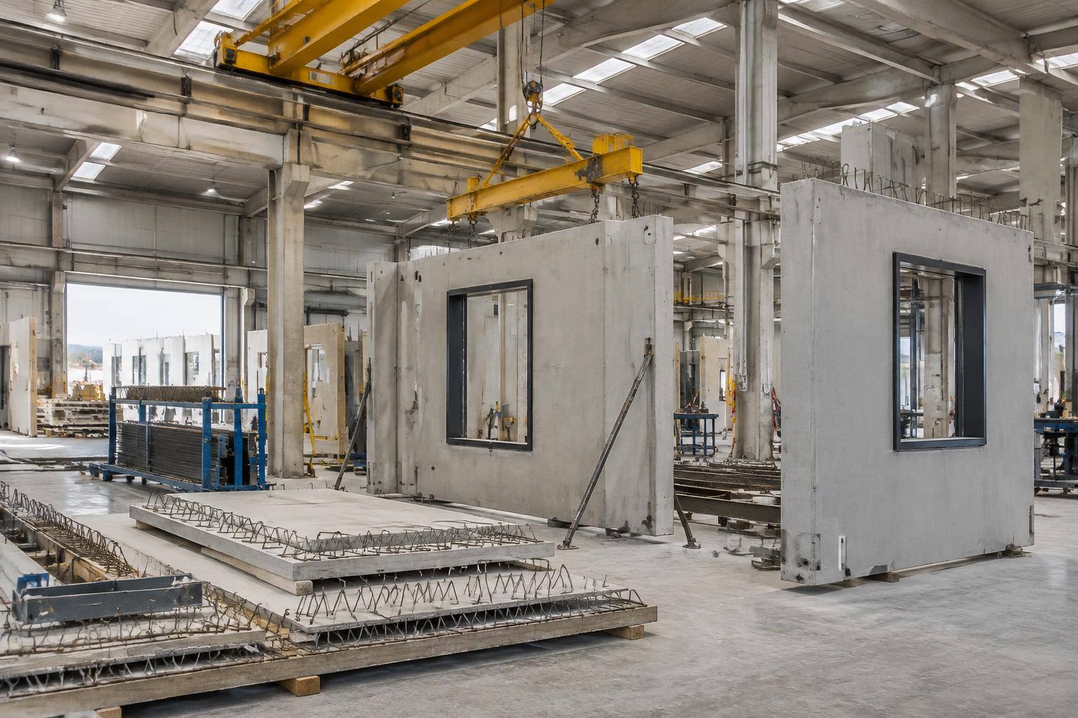 Imagen ilustrativa: Interior de una nave industrial con elementos constructivos prefabricados y maquinaria de montaje, sin personas reconocibles.